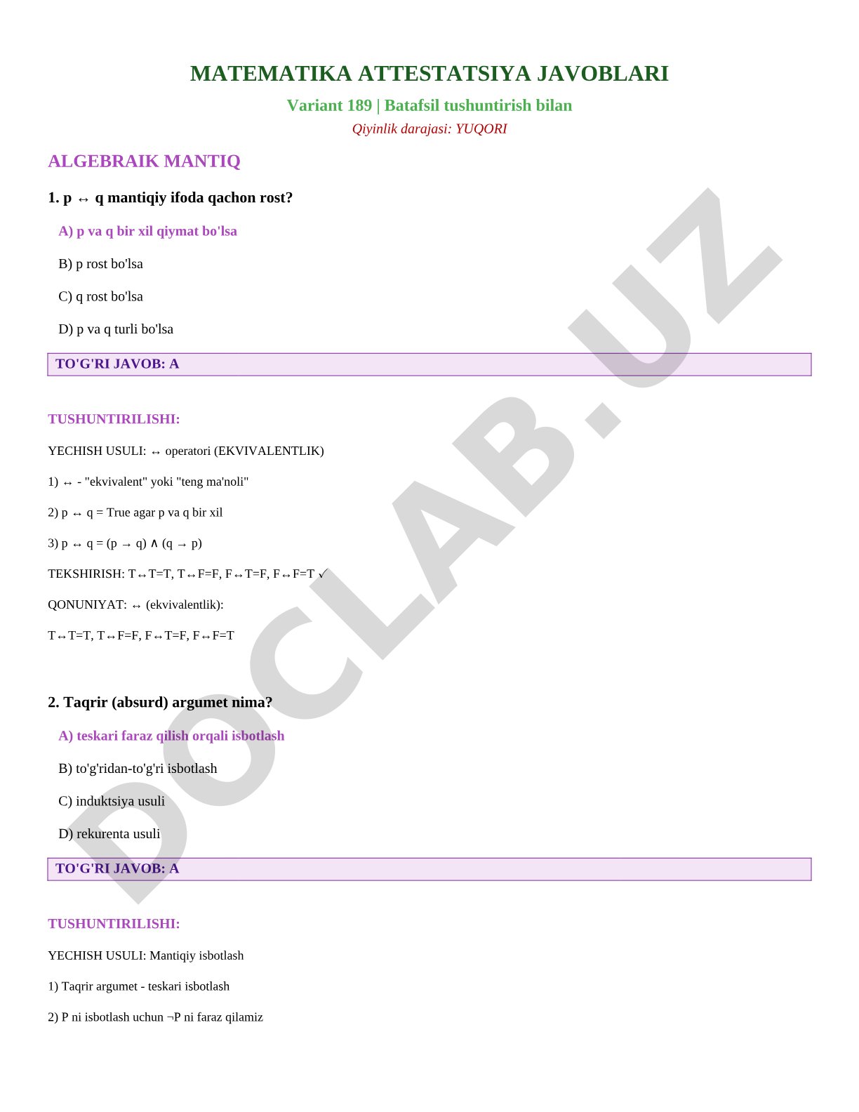 MATEMATIKA ATTESTATSIYA JAVOBLARI Variant 189