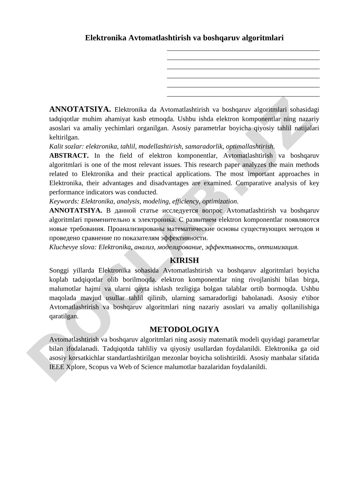 Elektronika Avtomatlashtirish va boshqaruv algoritmlari