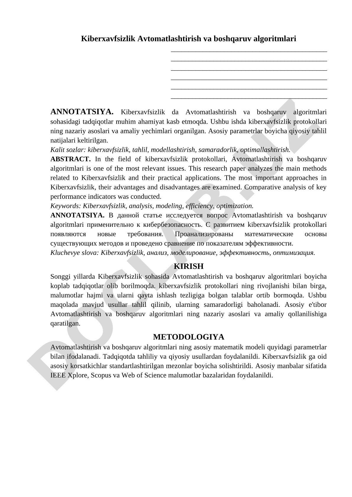 Kiberxavfsizlik Avtomatlashtirish va boshqaruv algoritmlari