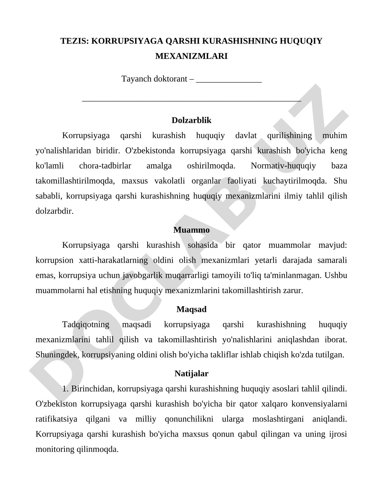 Korrupsiyaga qarshi kurashishning huquqiy mexanizmlari