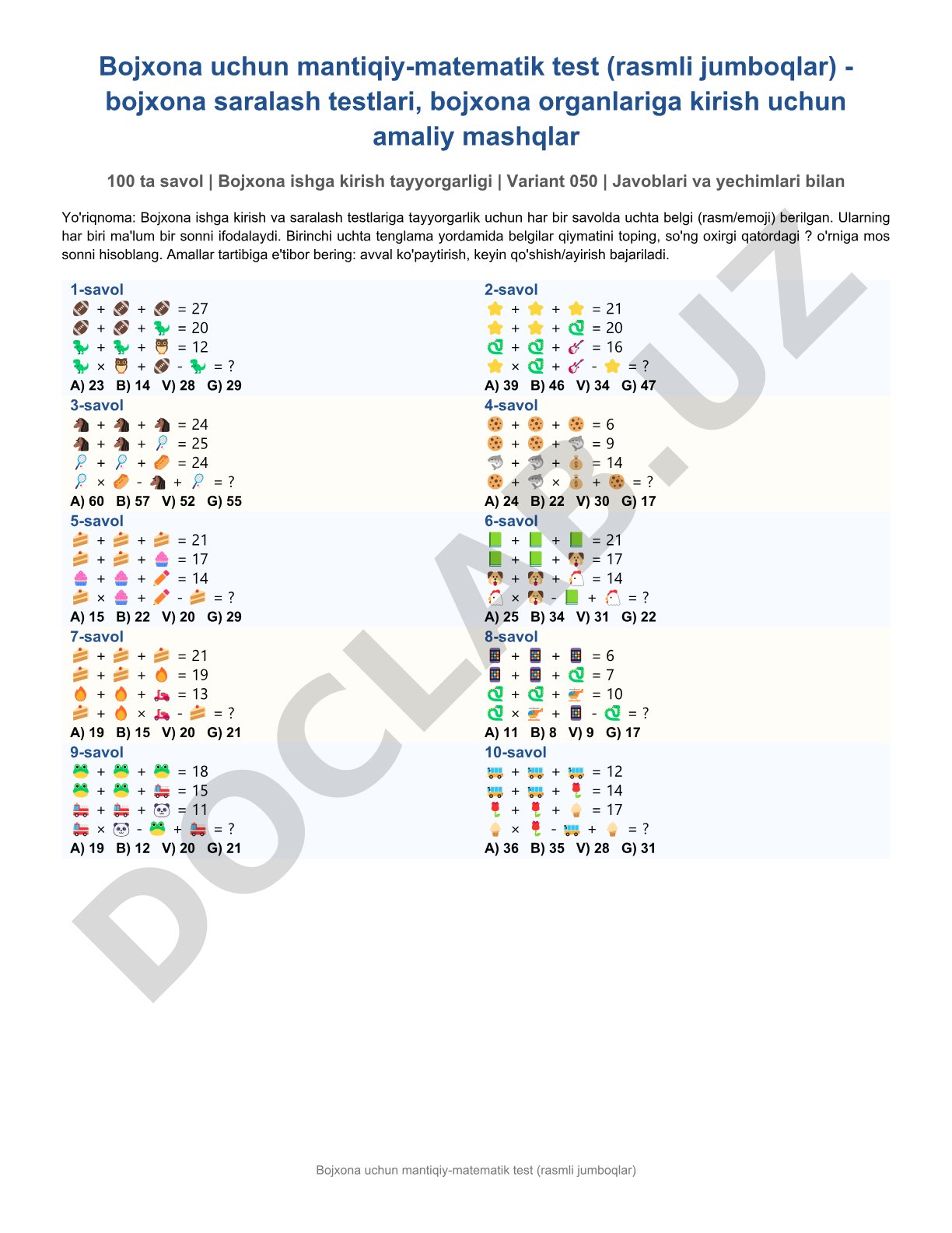 Bojxona uchun mantiqiy-matematik test (rasmli jumboqlar)
