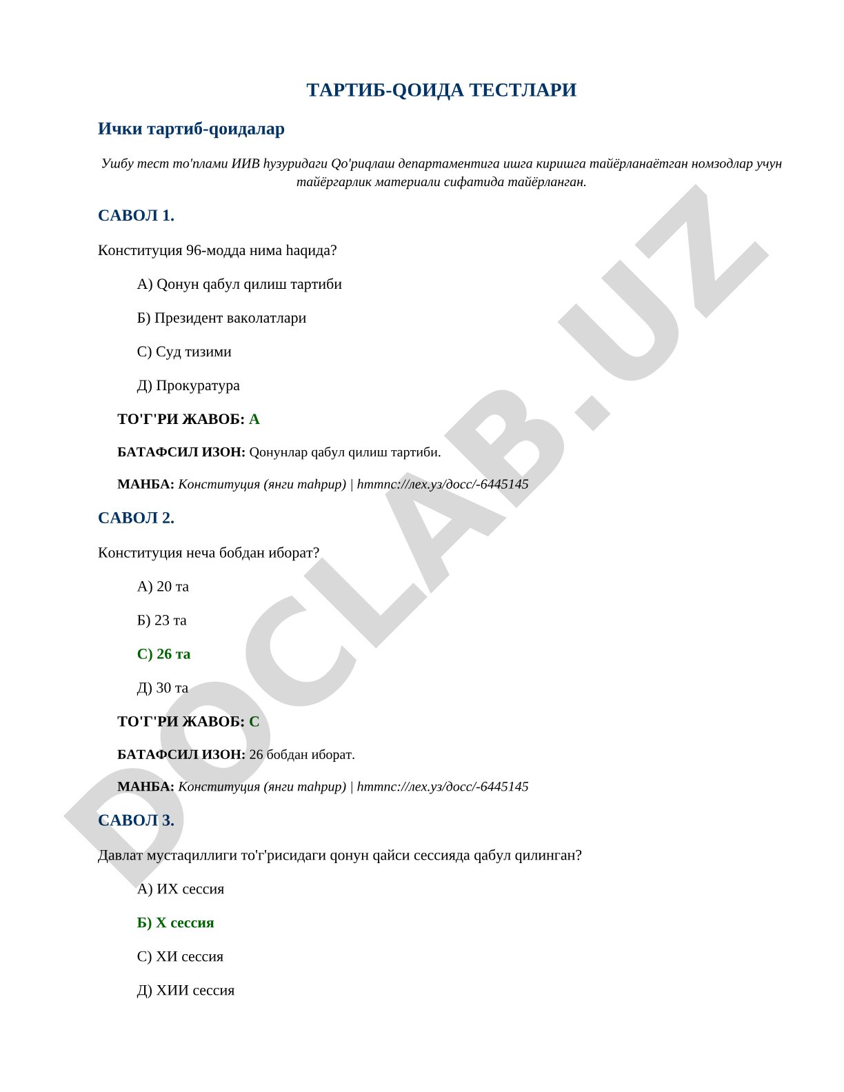 Tartib-qoidalar va Konstitutsiya bo'yicha test savollari