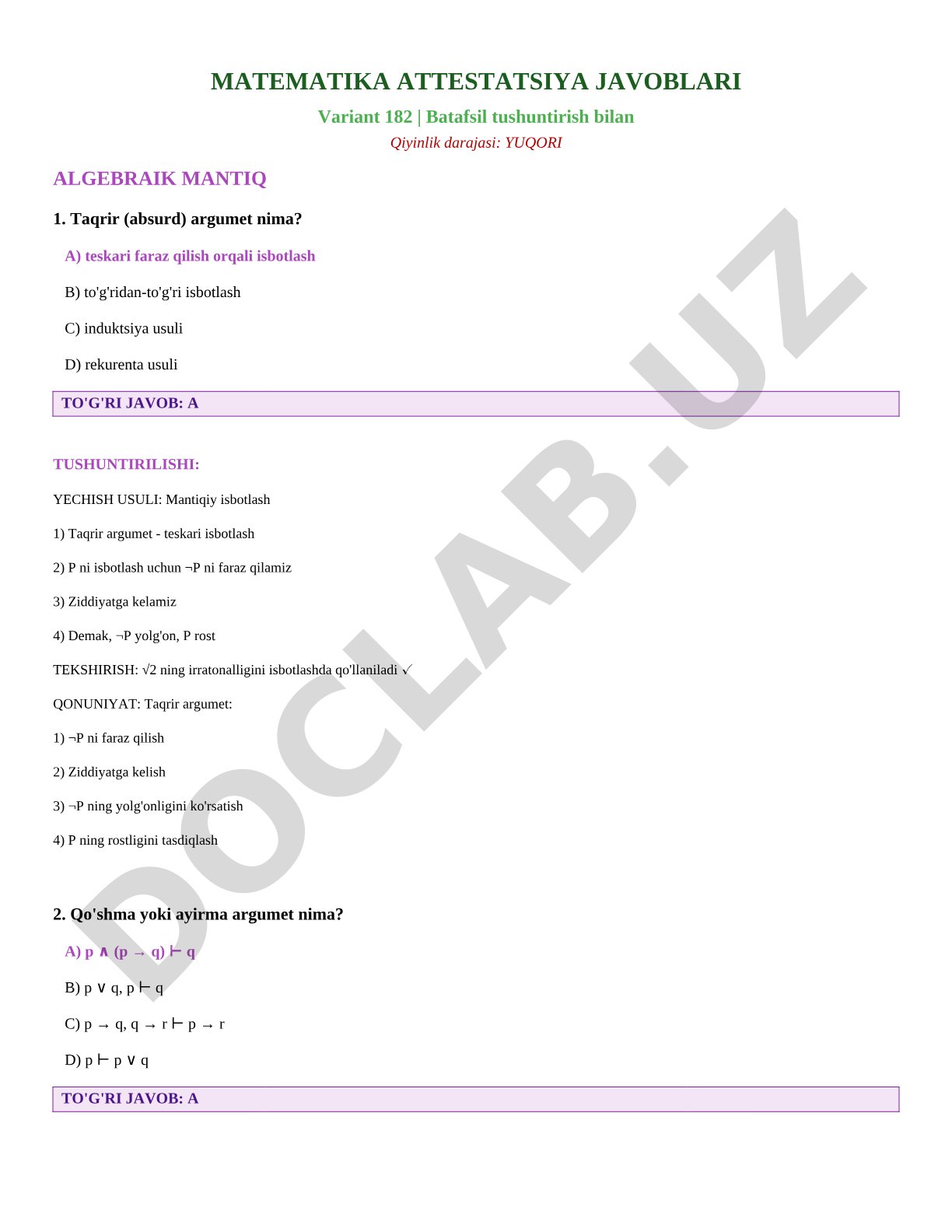 Matematik attestatsiya variant 182 algebraik mantiq