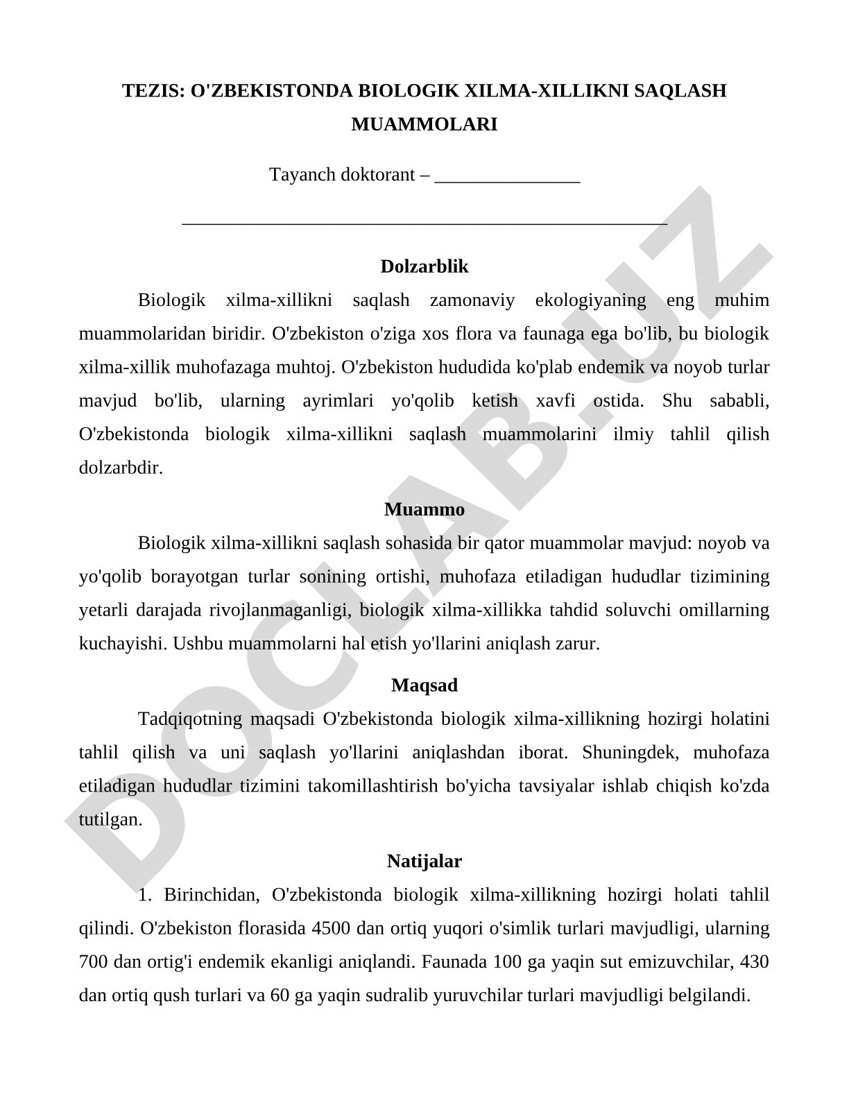 O'zbekistonda biologik xilma-xillikni saqlash muammolari