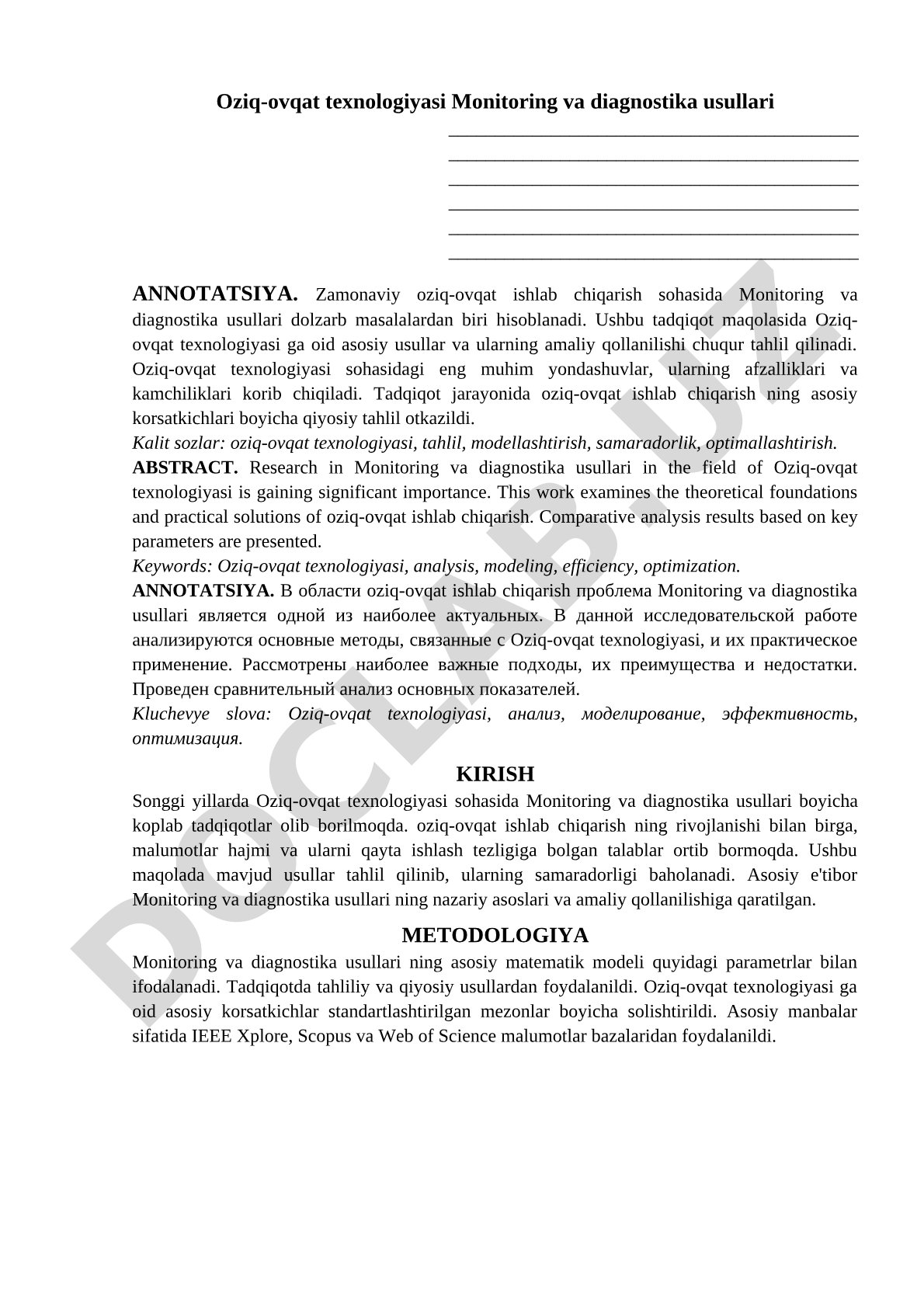 Oziq-ovqat texnologiyasi monitoring va diagnostika usullari