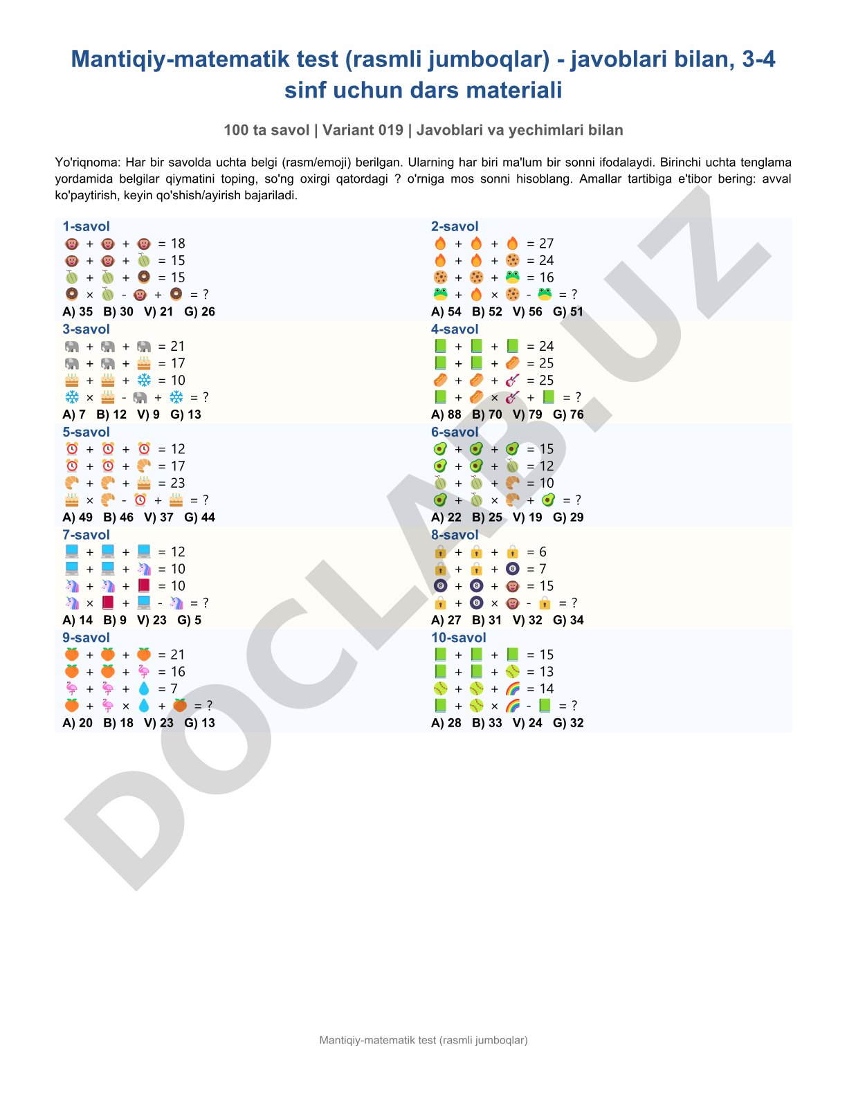 Mantiqiy-matematik test (rasmli jumboqlar)