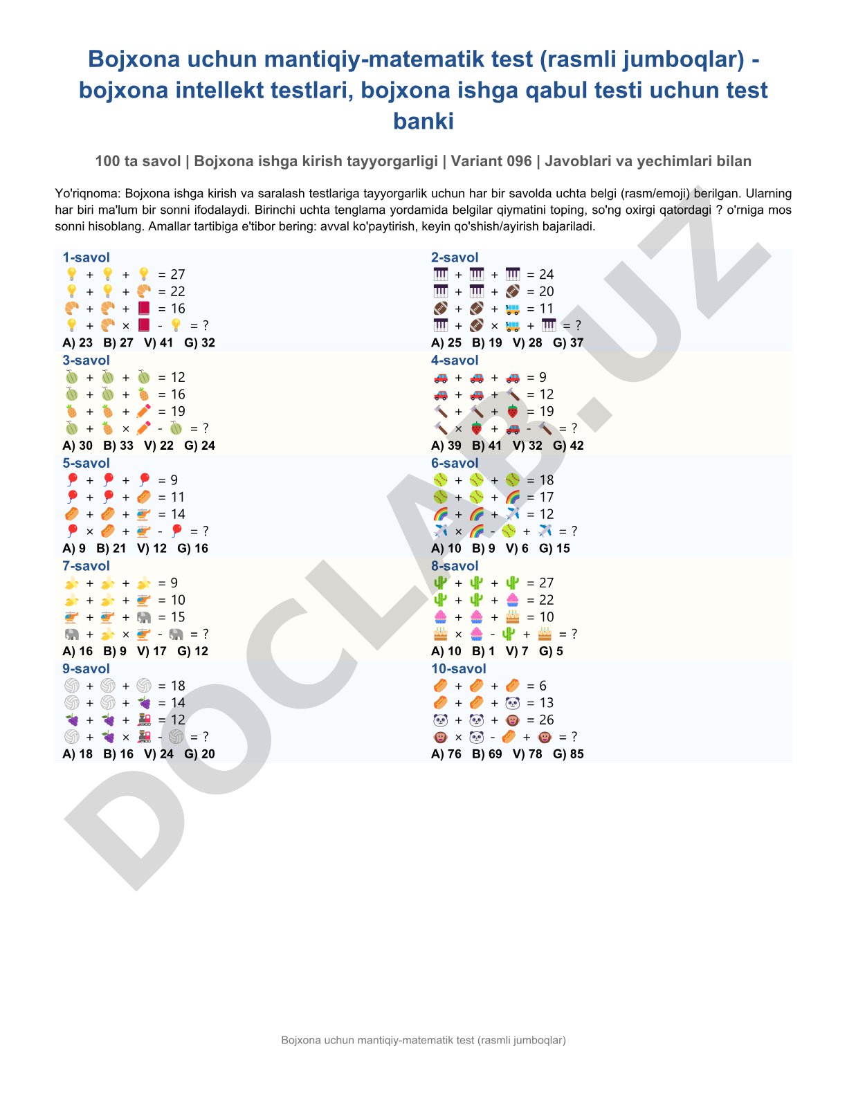 Bojxona uchun mantiqiy-matematik test (rasmli jumboqlar)