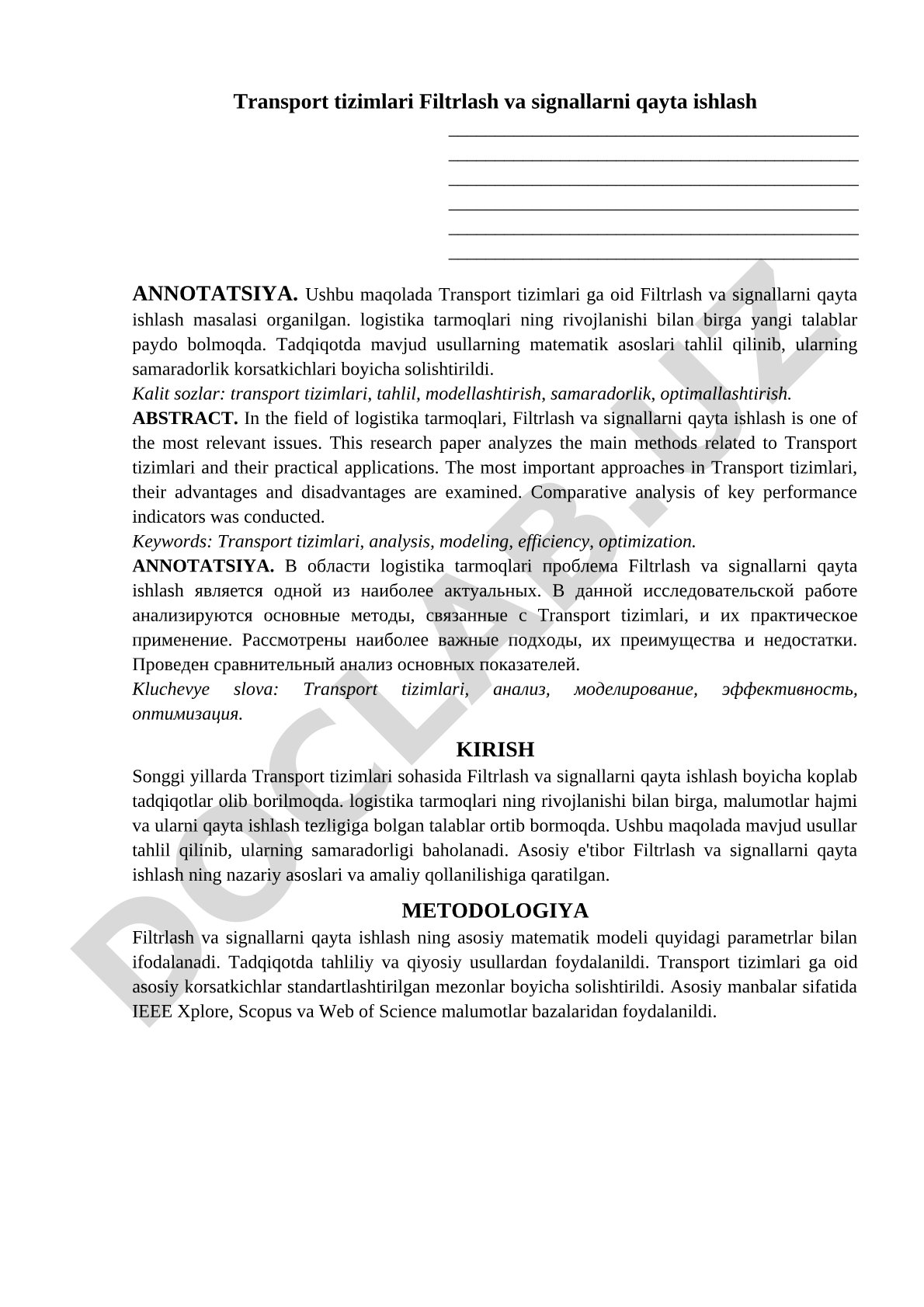 Transport tizimlarida filtrlash va signallarni qayta ishlash