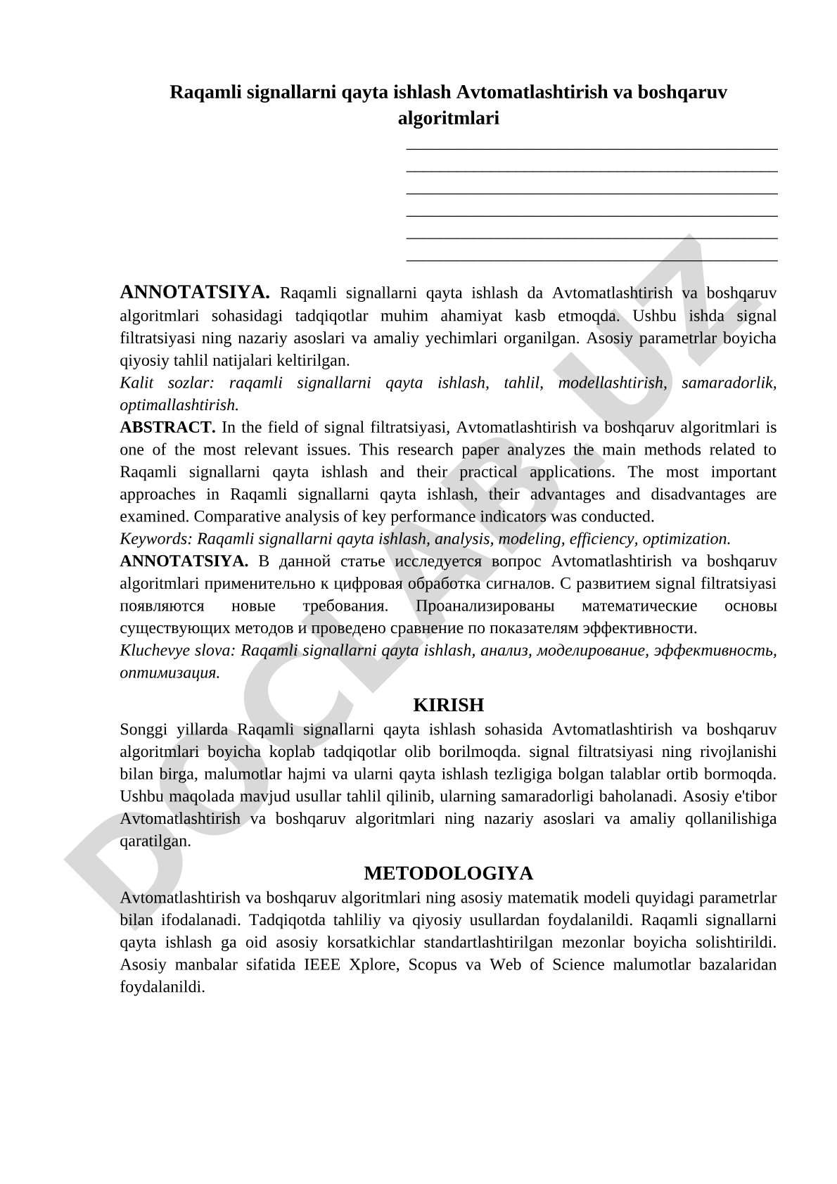 Raqamli signallarni qayta ishlash Avtomatlashtirish va boshqaruv algoritmlari