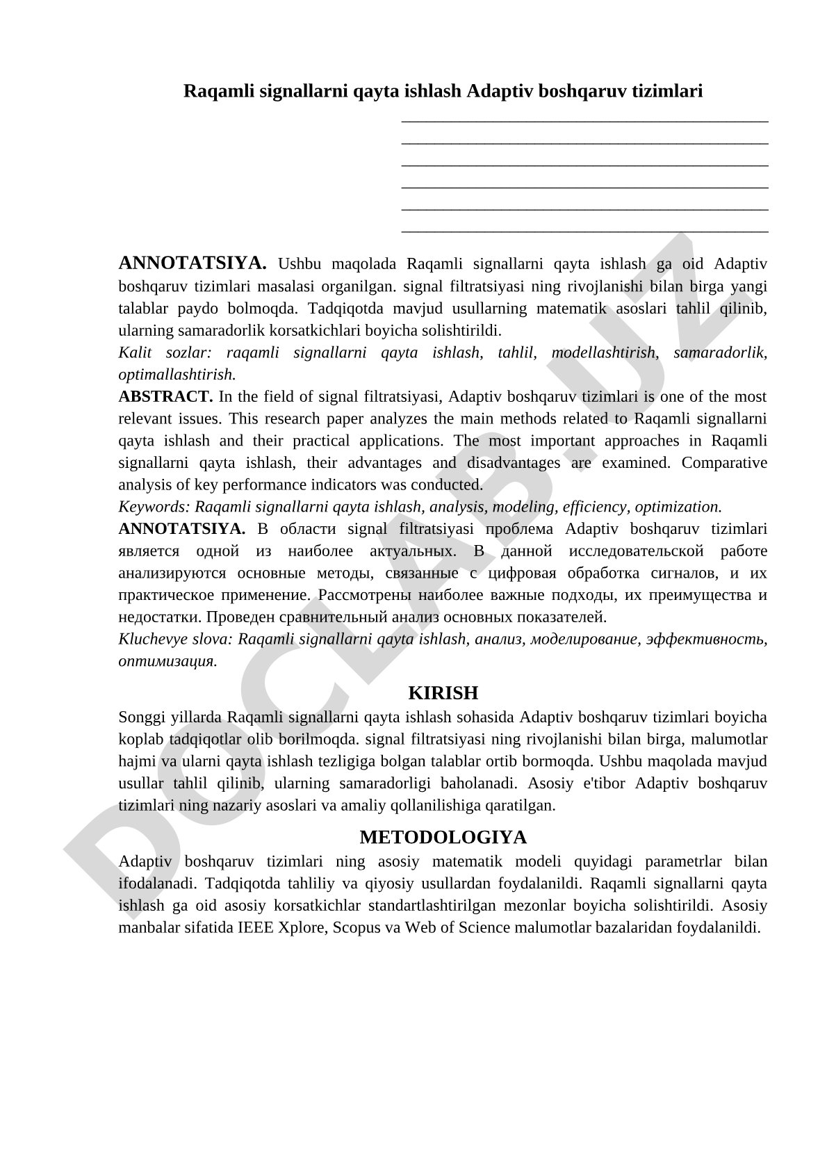 Raqamli signallarni qayta ishlash Adaptiv boshqaruv tizimlari