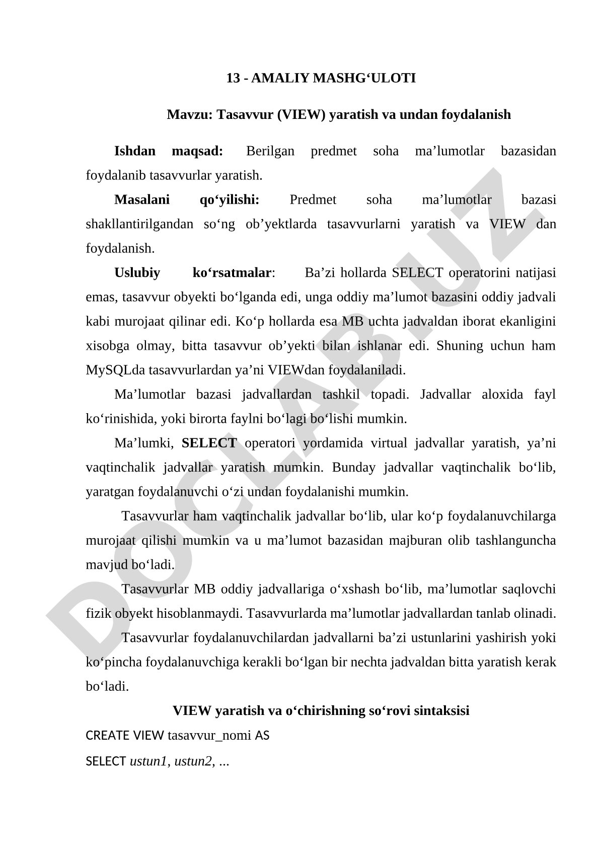 Tasavvur (VIEW) yaratish va undan foydalanish