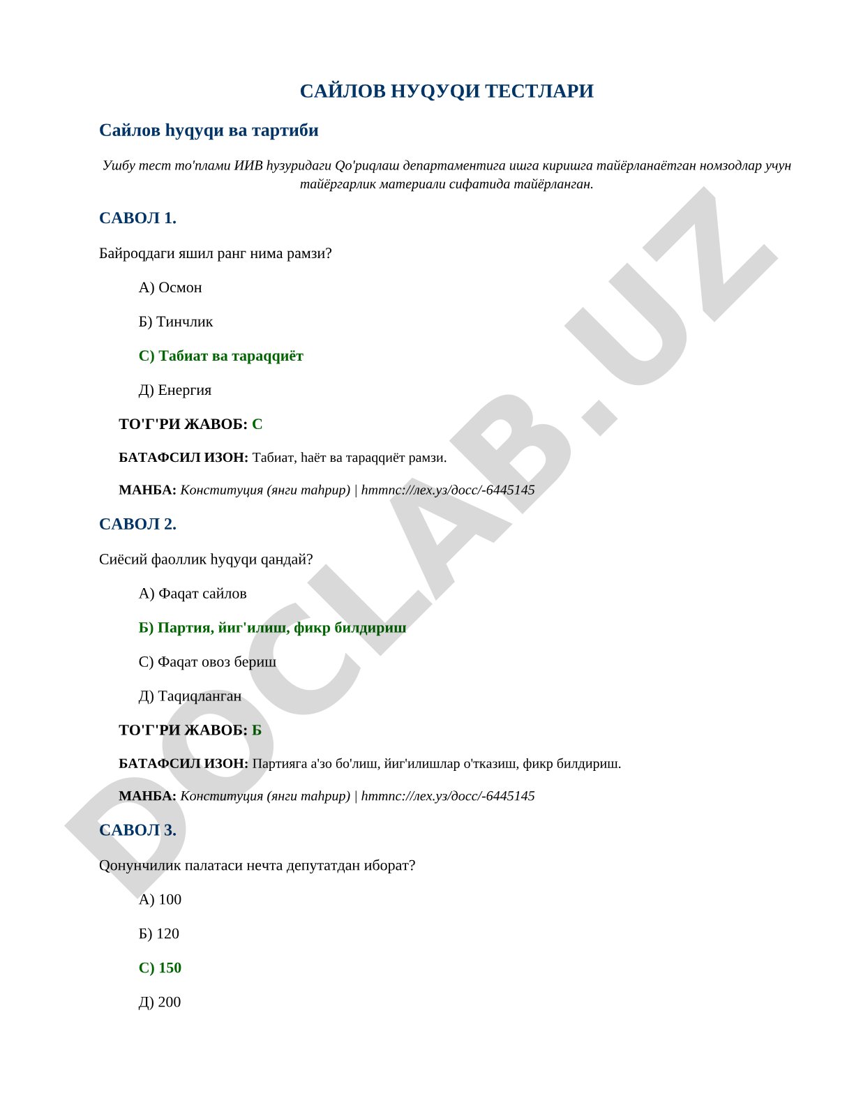 Saylov huquqi testlari