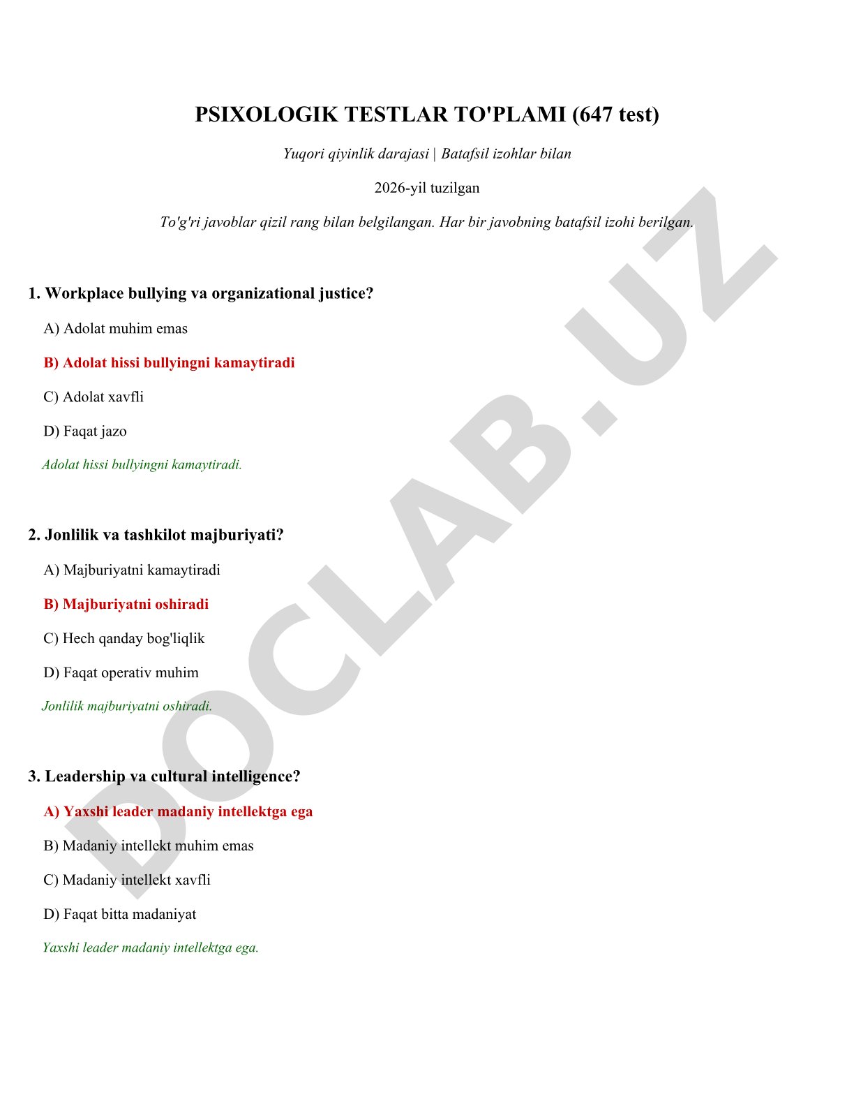Psixologik testlar to‘plami (647 test)