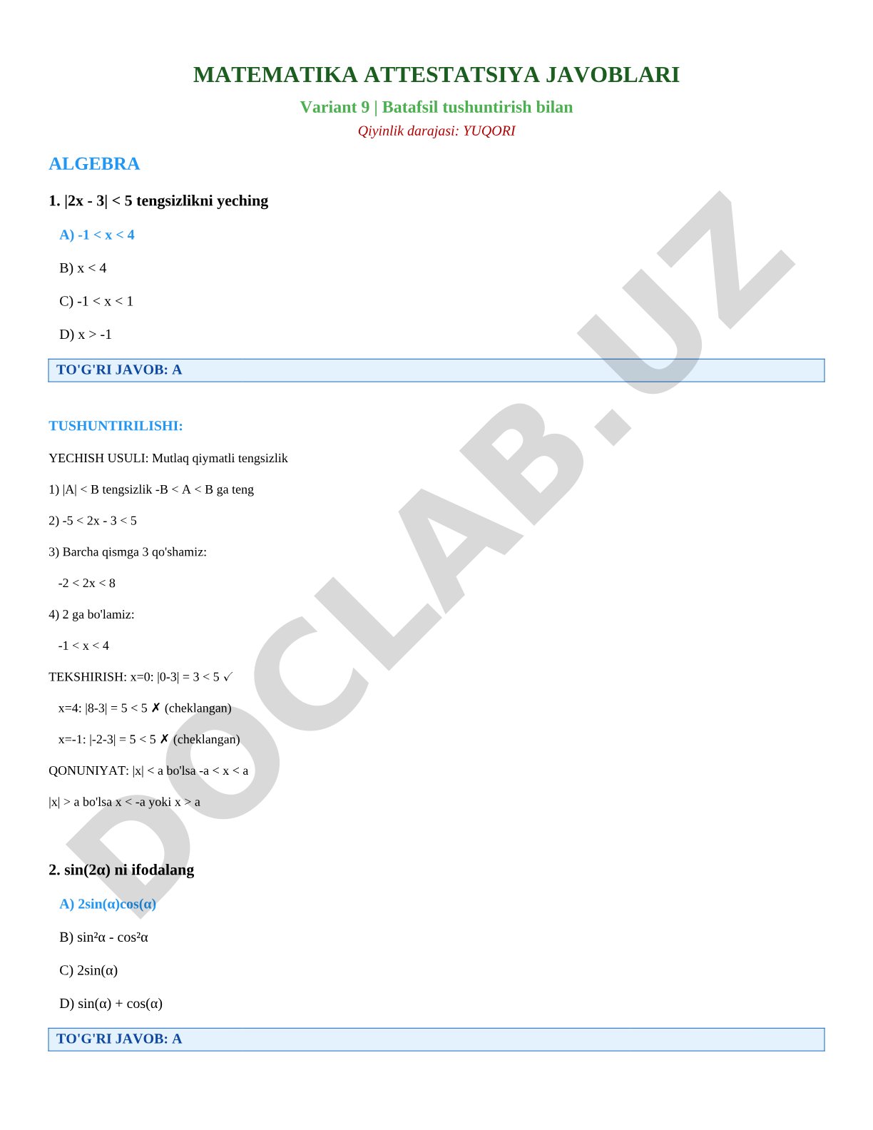 Matematika attestatsiya javoblari Variant 9