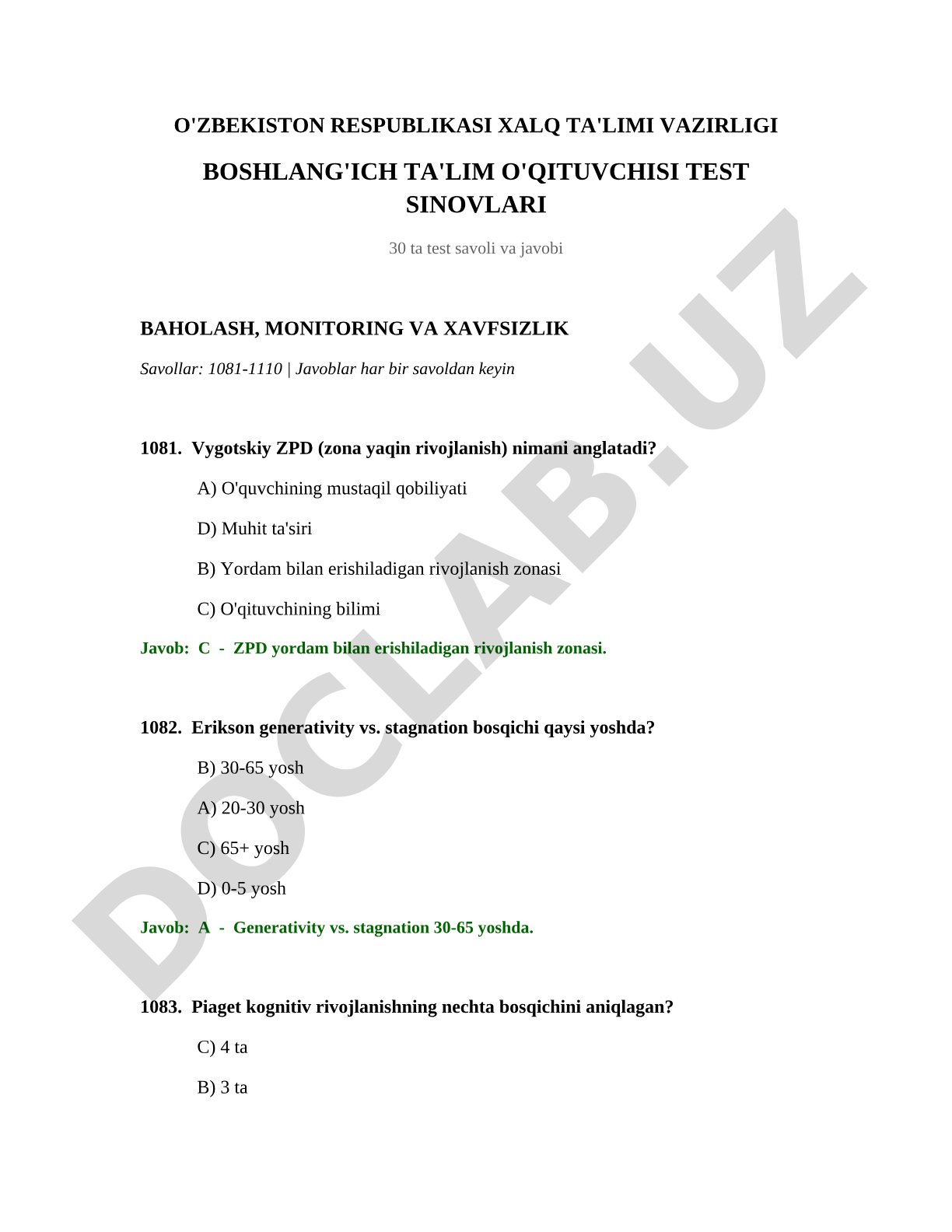 Boshlang'ich ta'lim o'qituvchisi test sinovlari 30 ta test savoli va javobi
