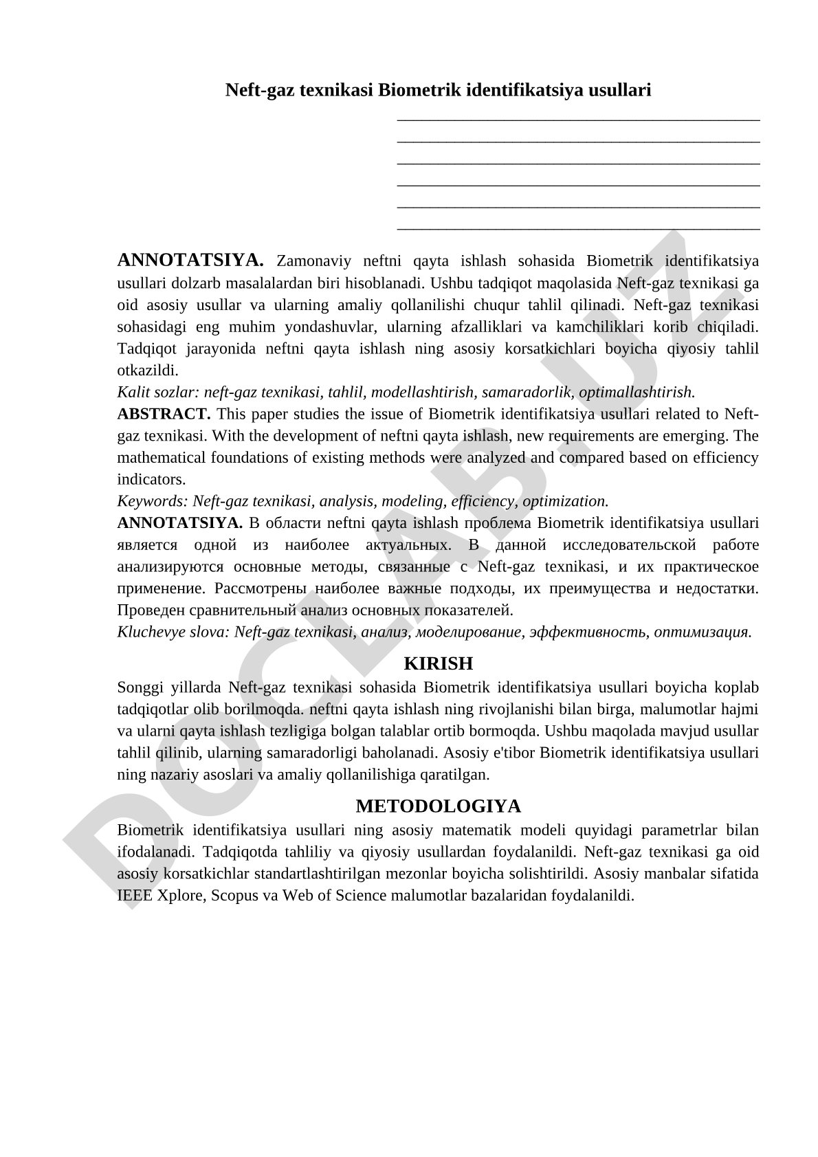 Neft-gaz texnikasi Biometrik identifikatsiya usullari