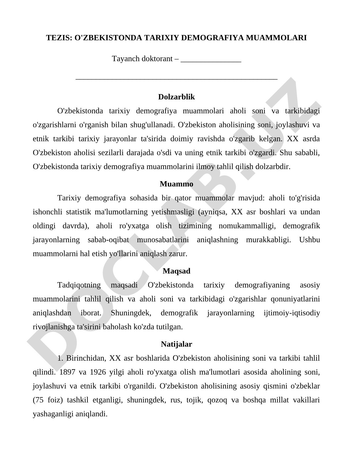 O'zbekistonda tarixiy demografiya muammolari