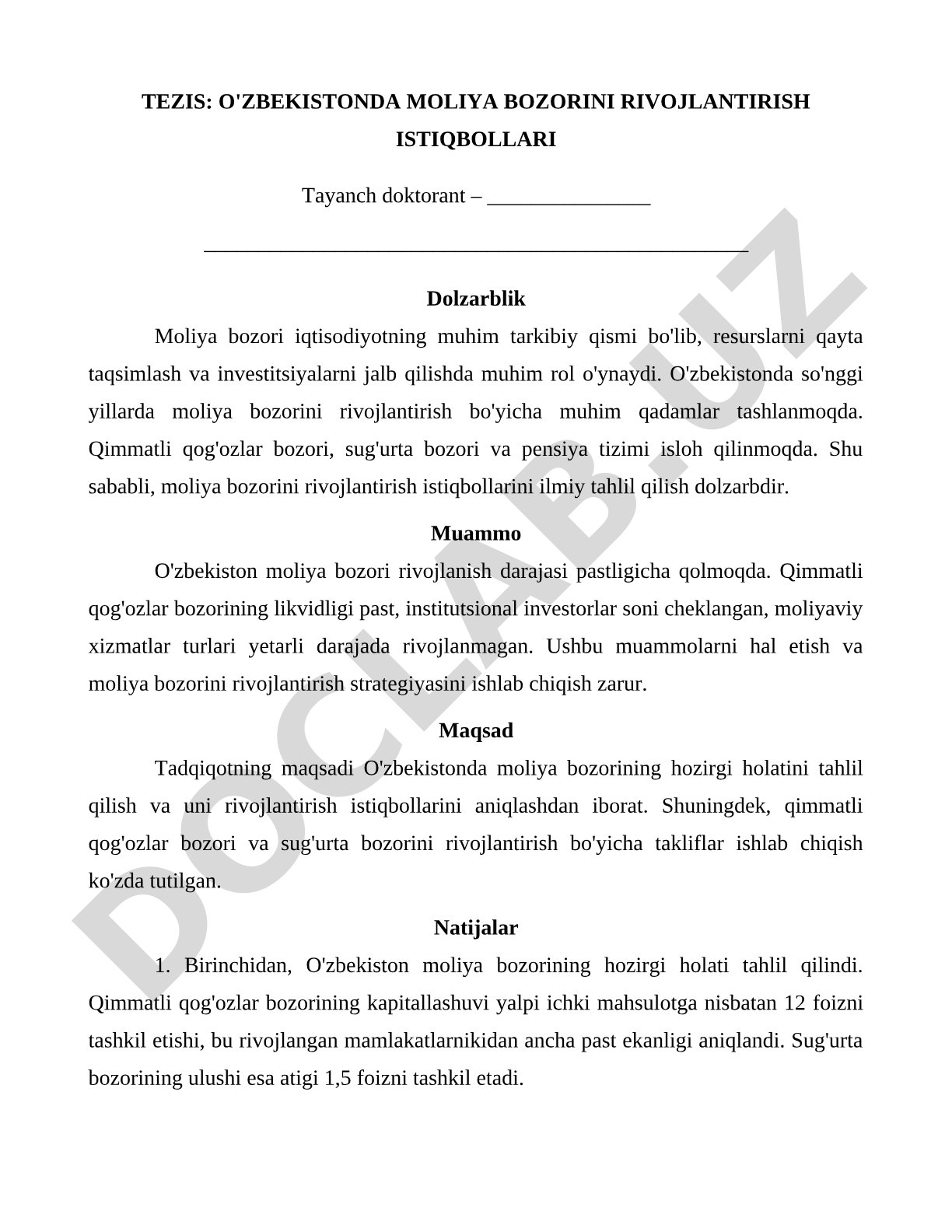 O'zbekistonda moliya bozorini rivojlantirish istiqbollari