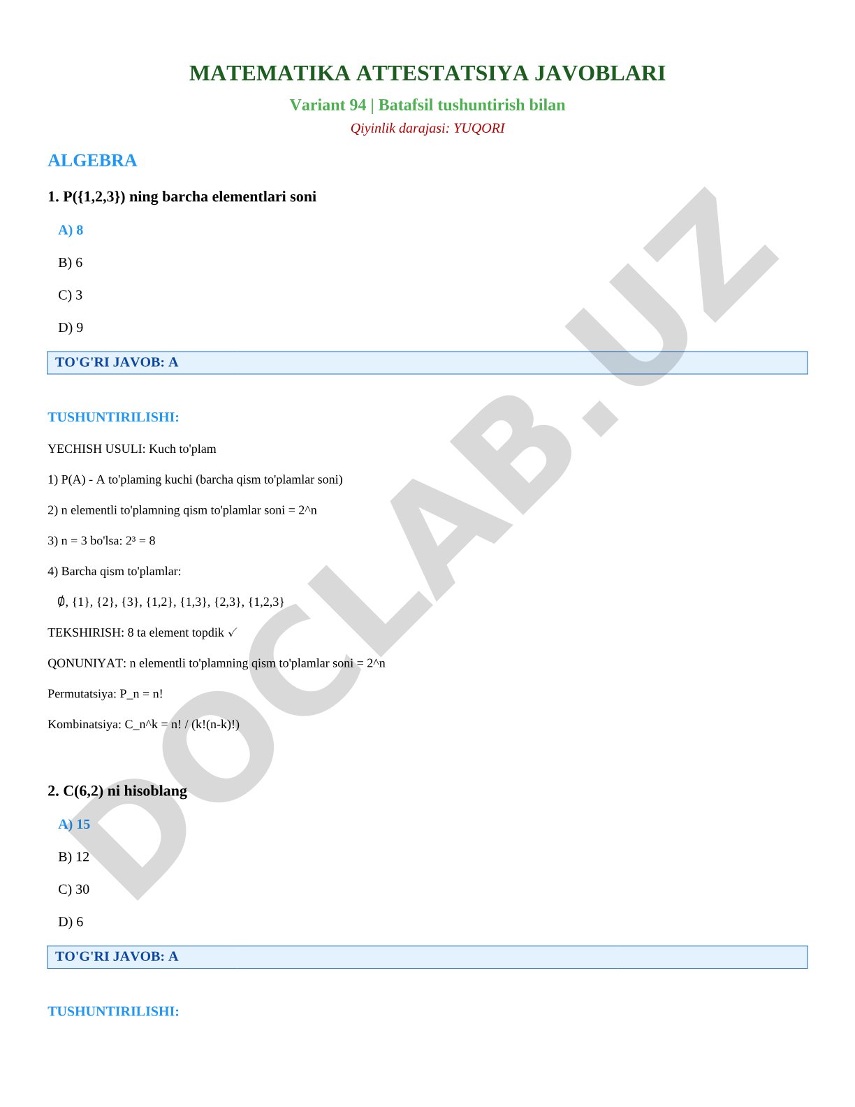 Matematika attestatsiya javoblari Variant 94