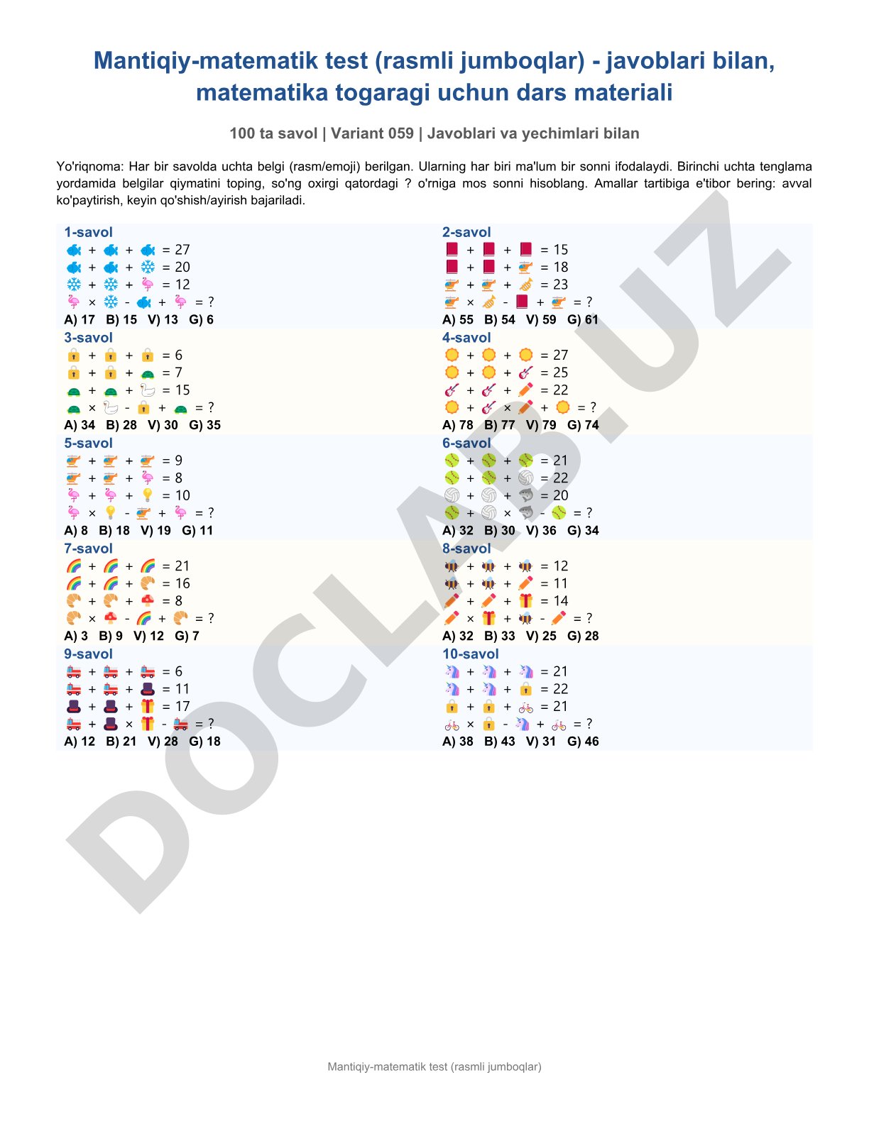 Mantiqiy-matematik test rasmli jumboqlar javoblari bilan