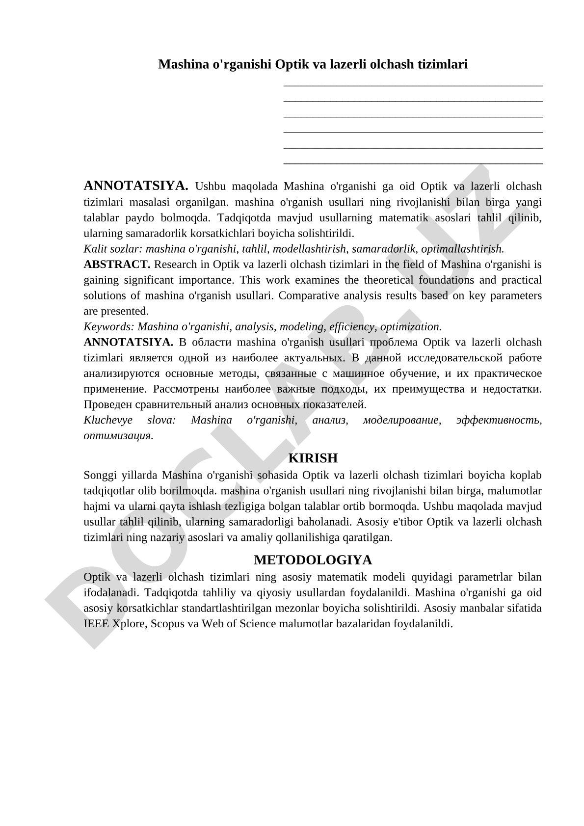 Mashina o'rganishi va optik-lazerli o'lchash tizimlari