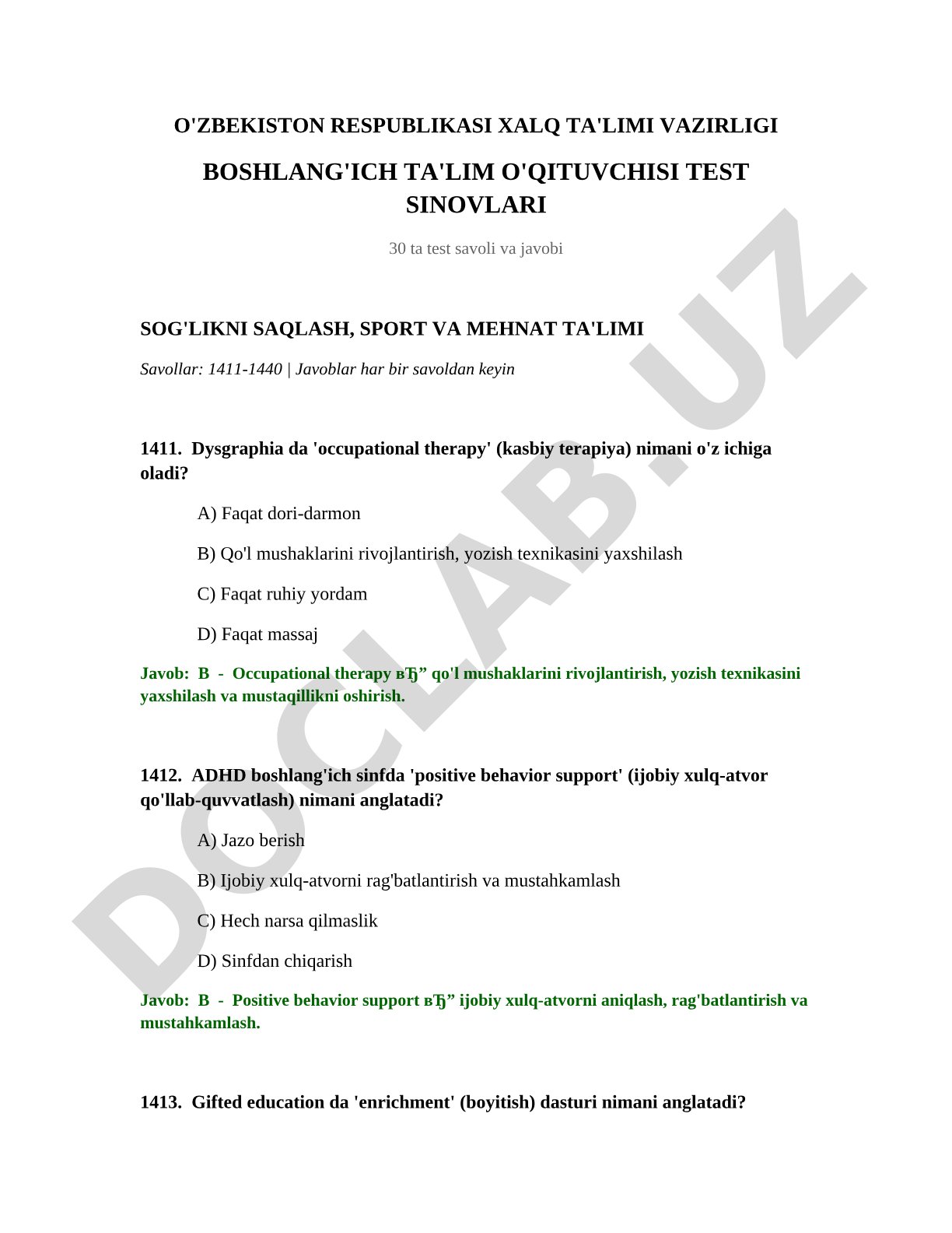 Boshlang'ich ta'lim o'qituvchisi test sinovlari: Sog'likni saqlash, sport va mehnat ta'limi