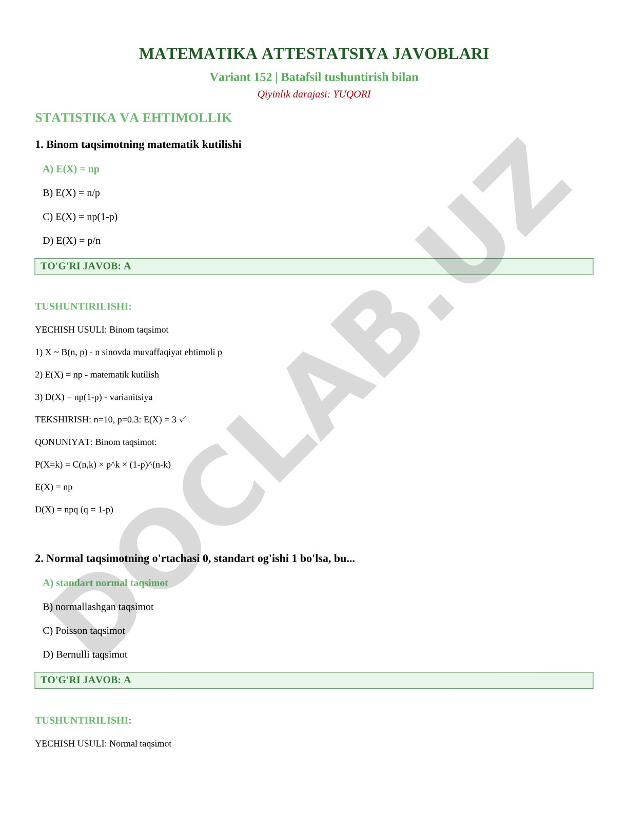 Matematika attestatsiya javoblari Variant 152