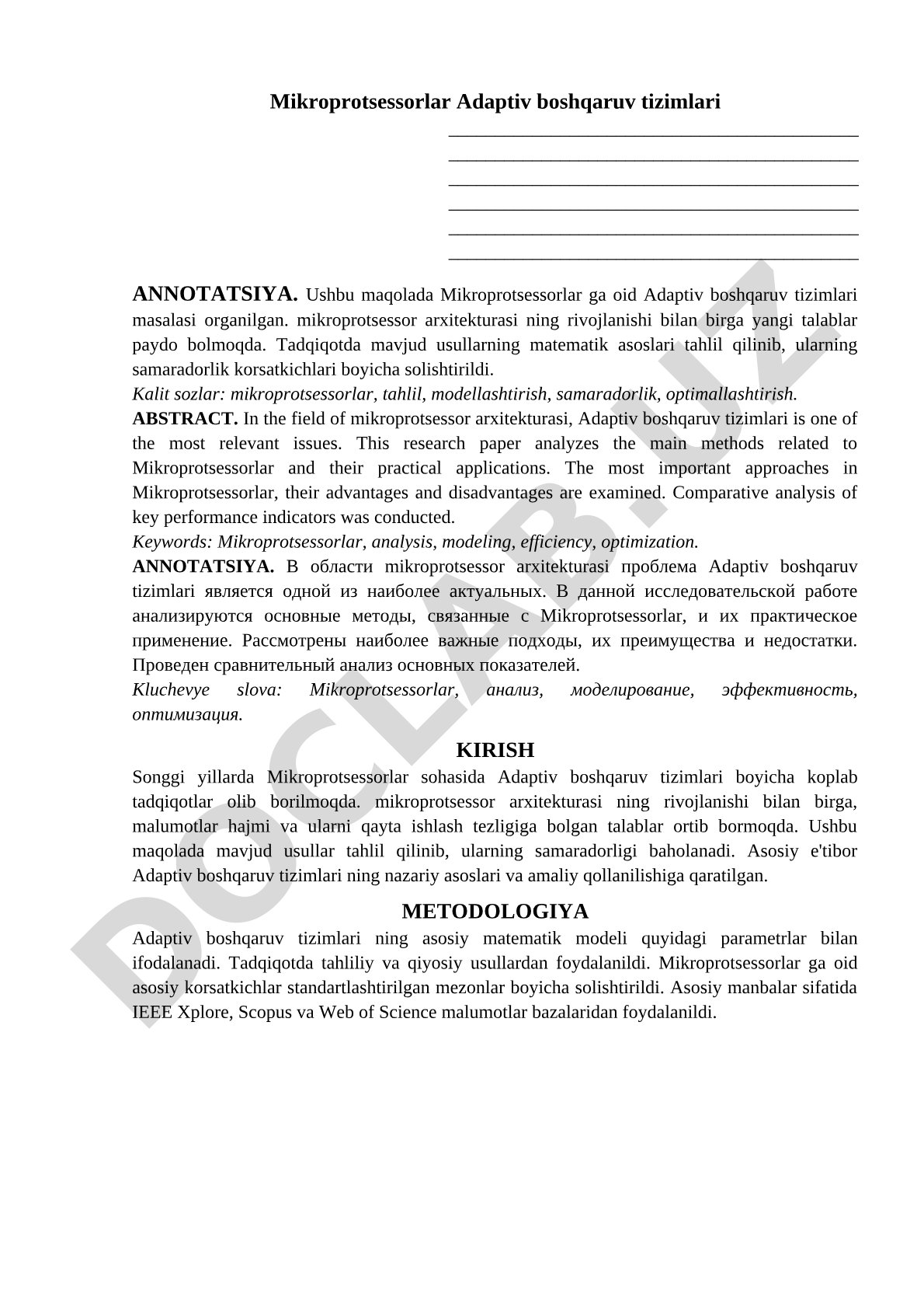 Mikroprotsessorlar Adaptiv boshqaruv tizimlari