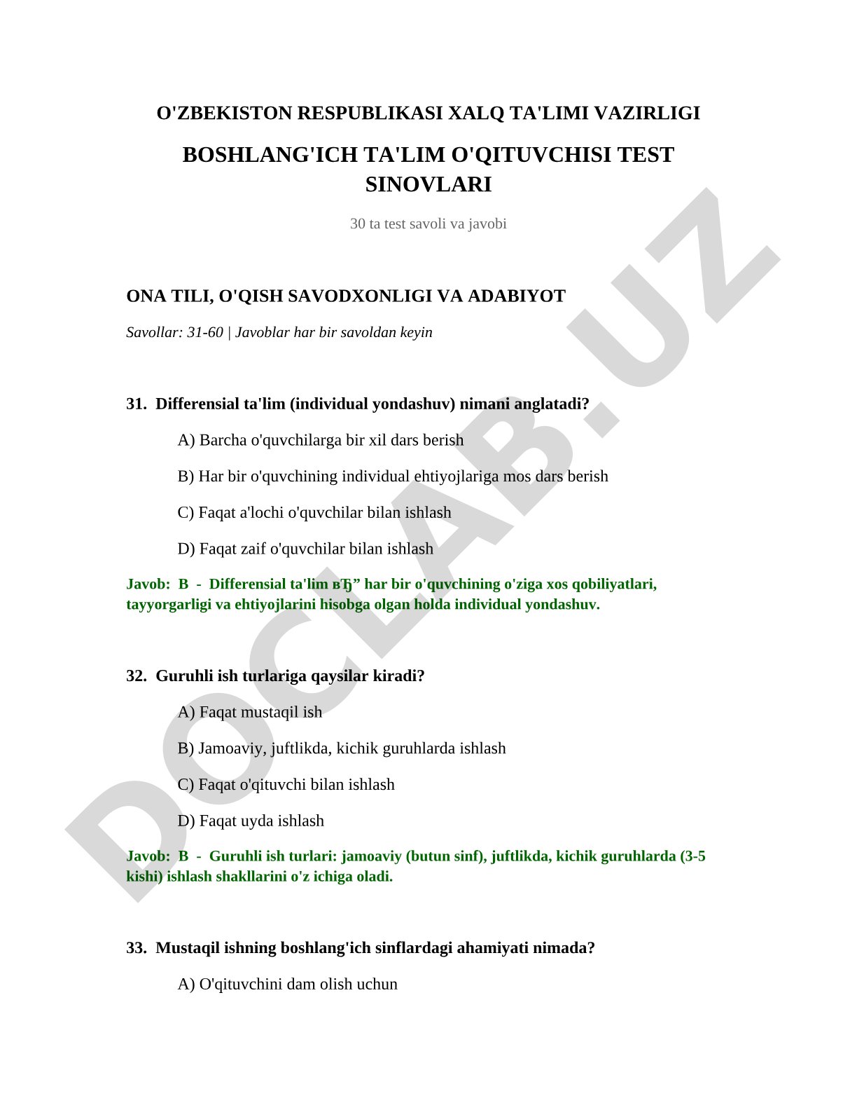 Boshlang'ich ta'lim o'qituvchisi test sinovlari: ona tili, o'qish savodxonligi va adabiyot