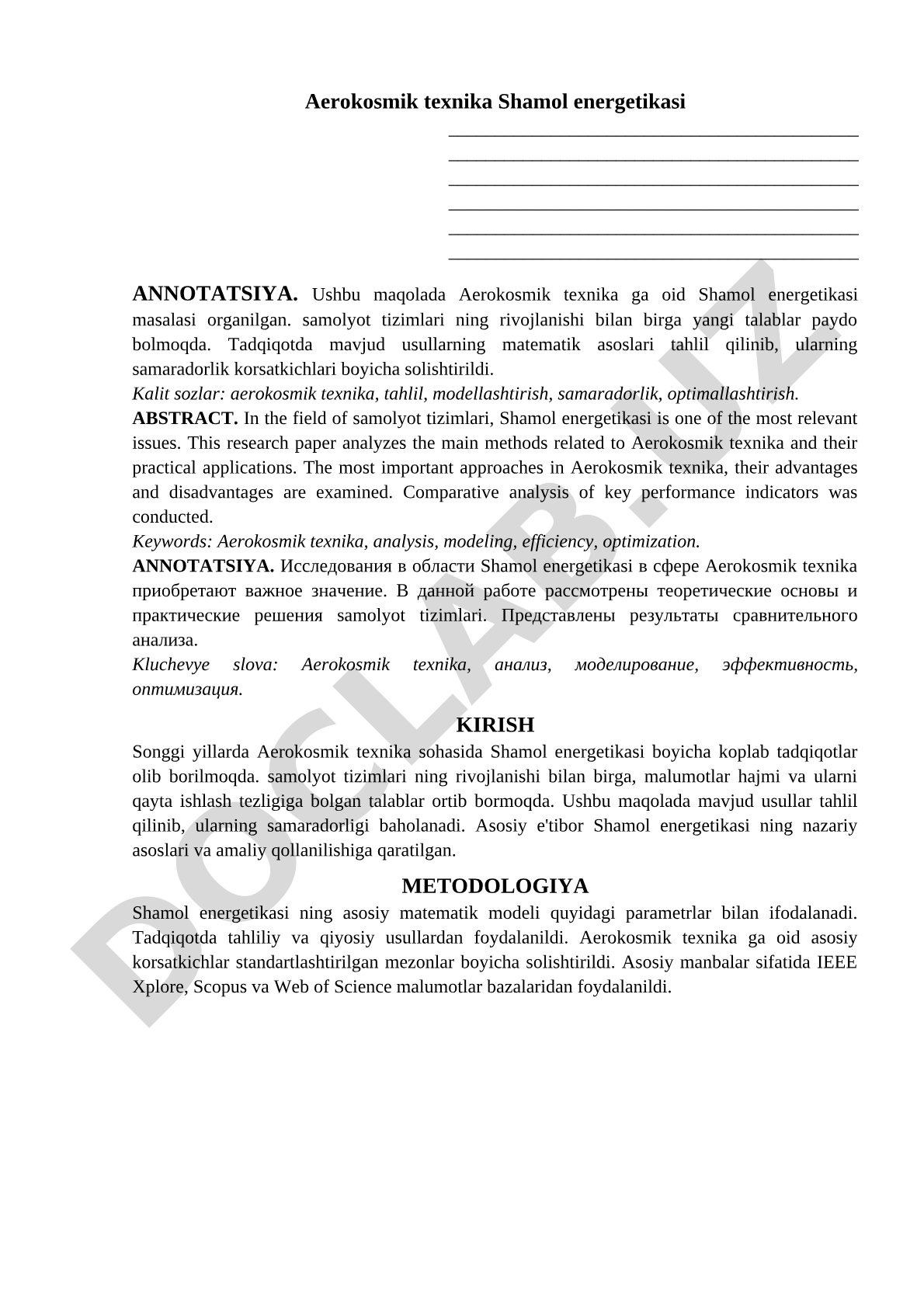 Aerokosmik texnika Shamol energetikasi