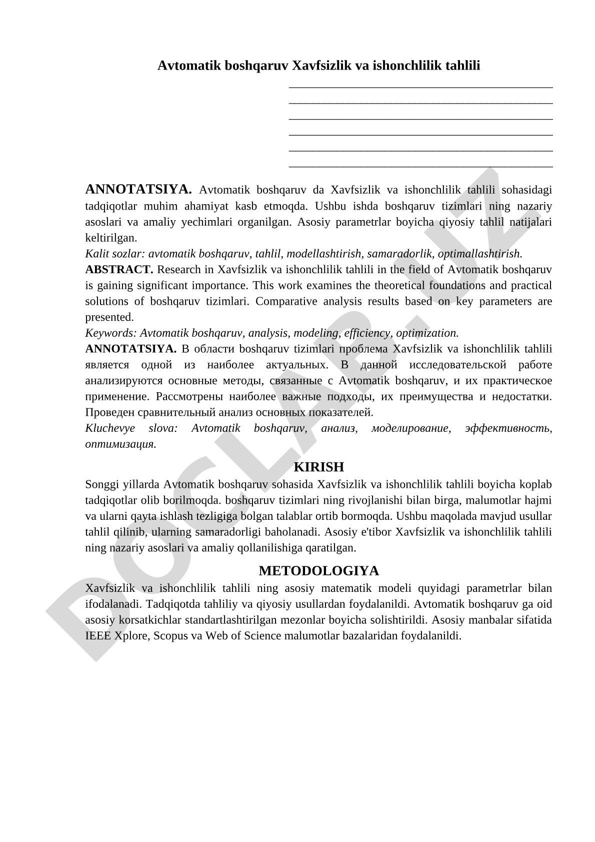 Avtomatik boshqaruv Xavfsizlik va ishonchlilik tahlili