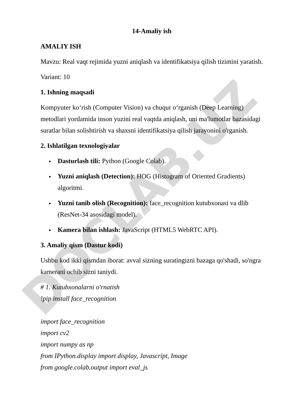 Real vaqt rejimida yuzni aniqlash va identifikatsiya qilish tizimini yaratish
