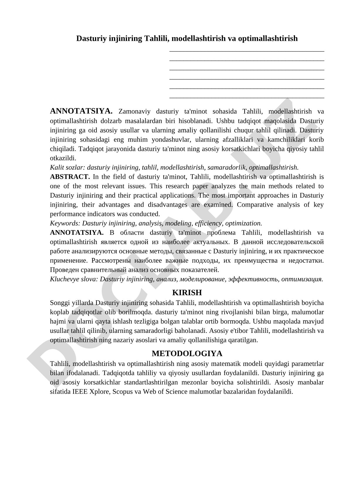Dasturiy injiniring Tahlili, modellashtirish va optimallashtirish