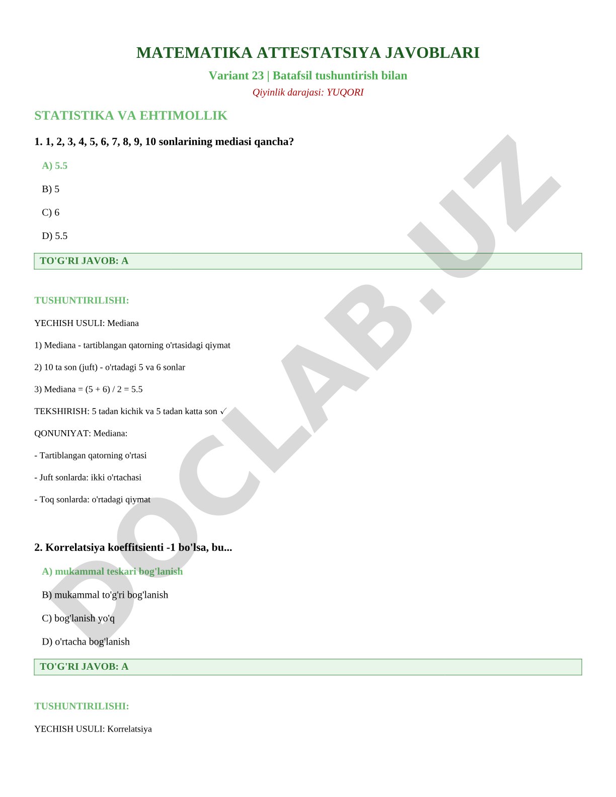 MATEMATIKA ATTESTATSIYA JAVOBLARI Variant 23