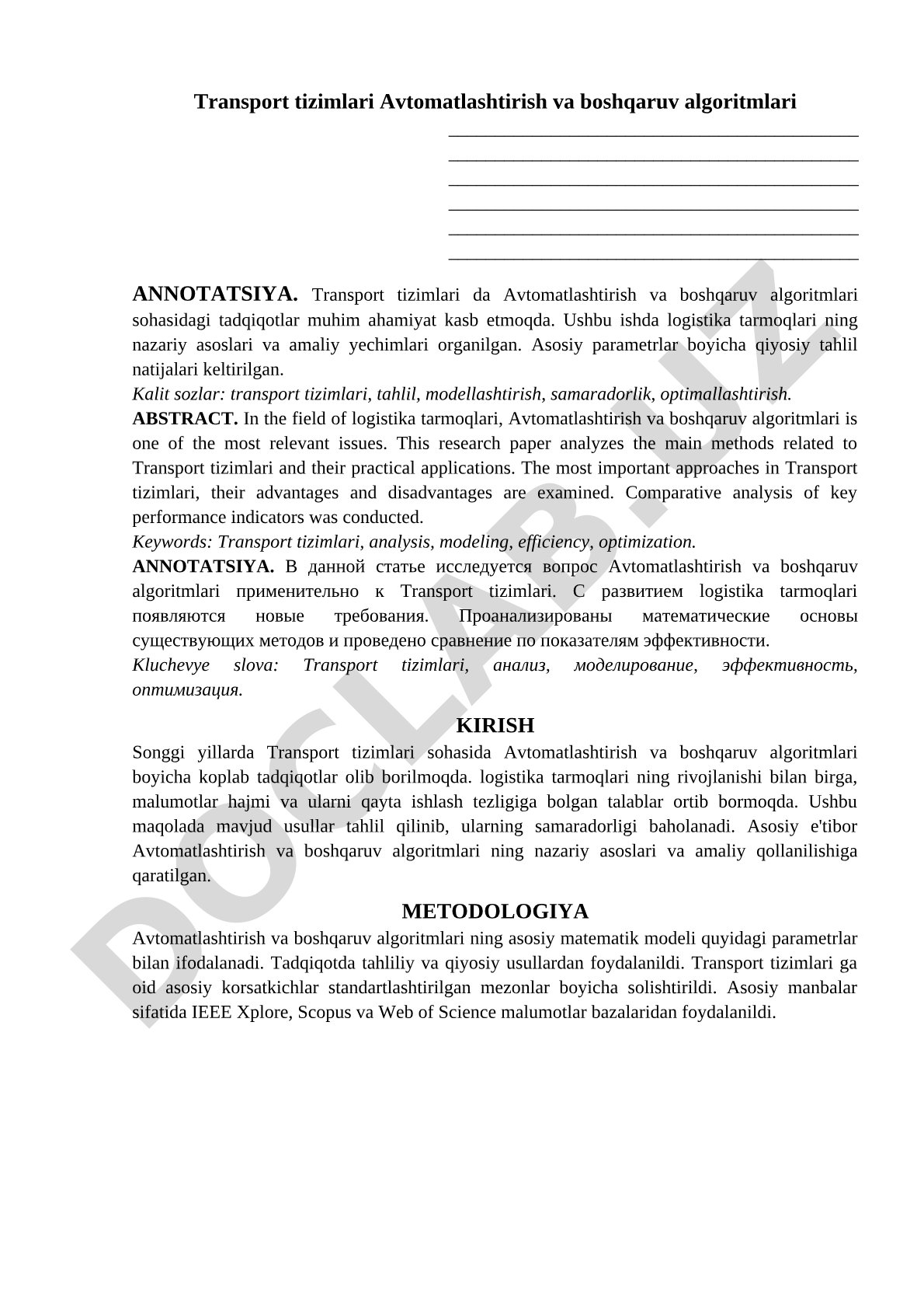 Transport tizimlari avtomatlashtirish va boshqaruv algoritmlari