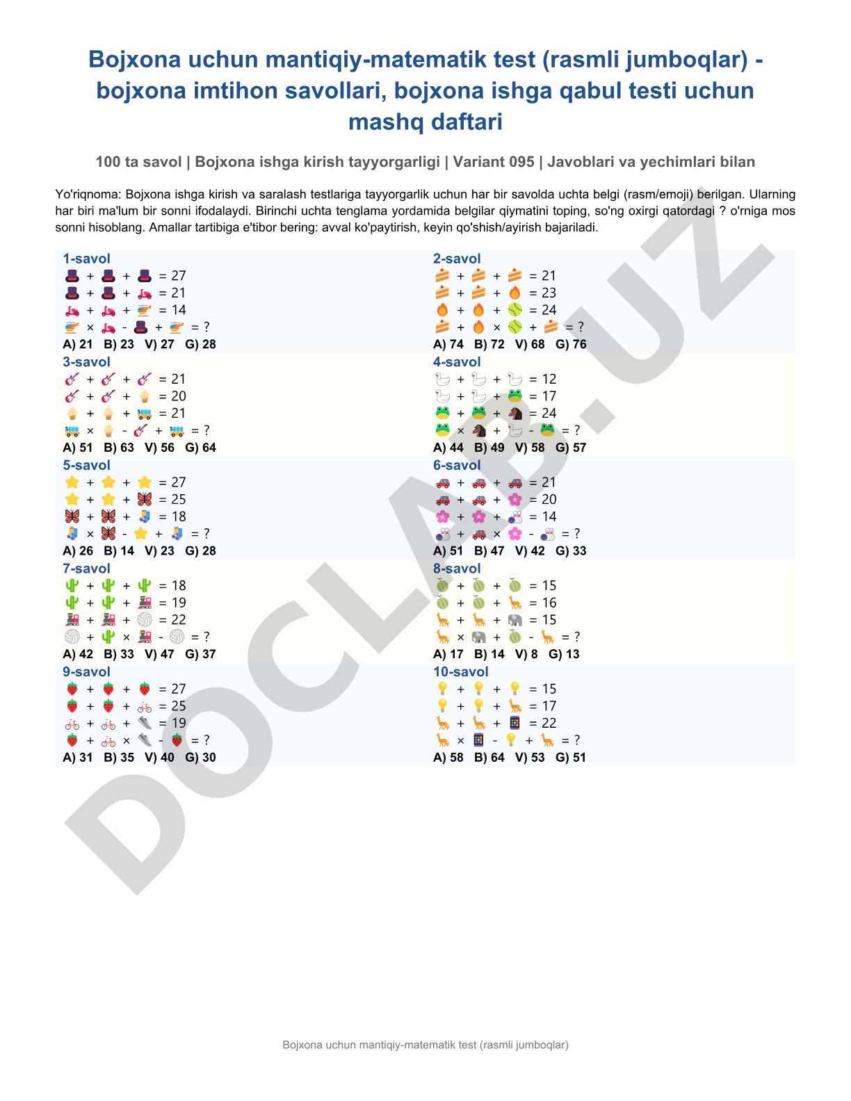 Bojxona uchun mantiqiy-matematik test (rasmli jumboqlar)