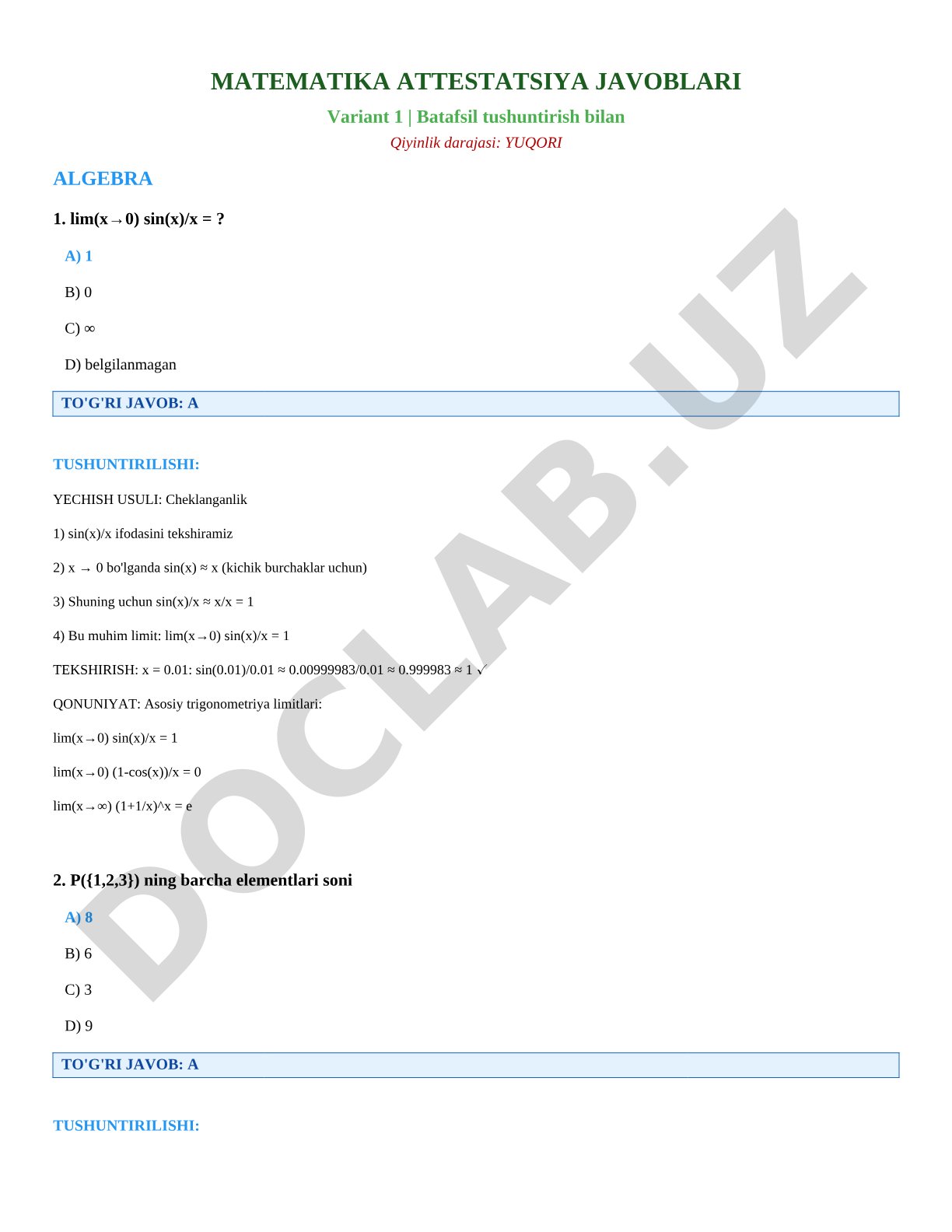 Matematika attestatsiya javoblari (1-variant)