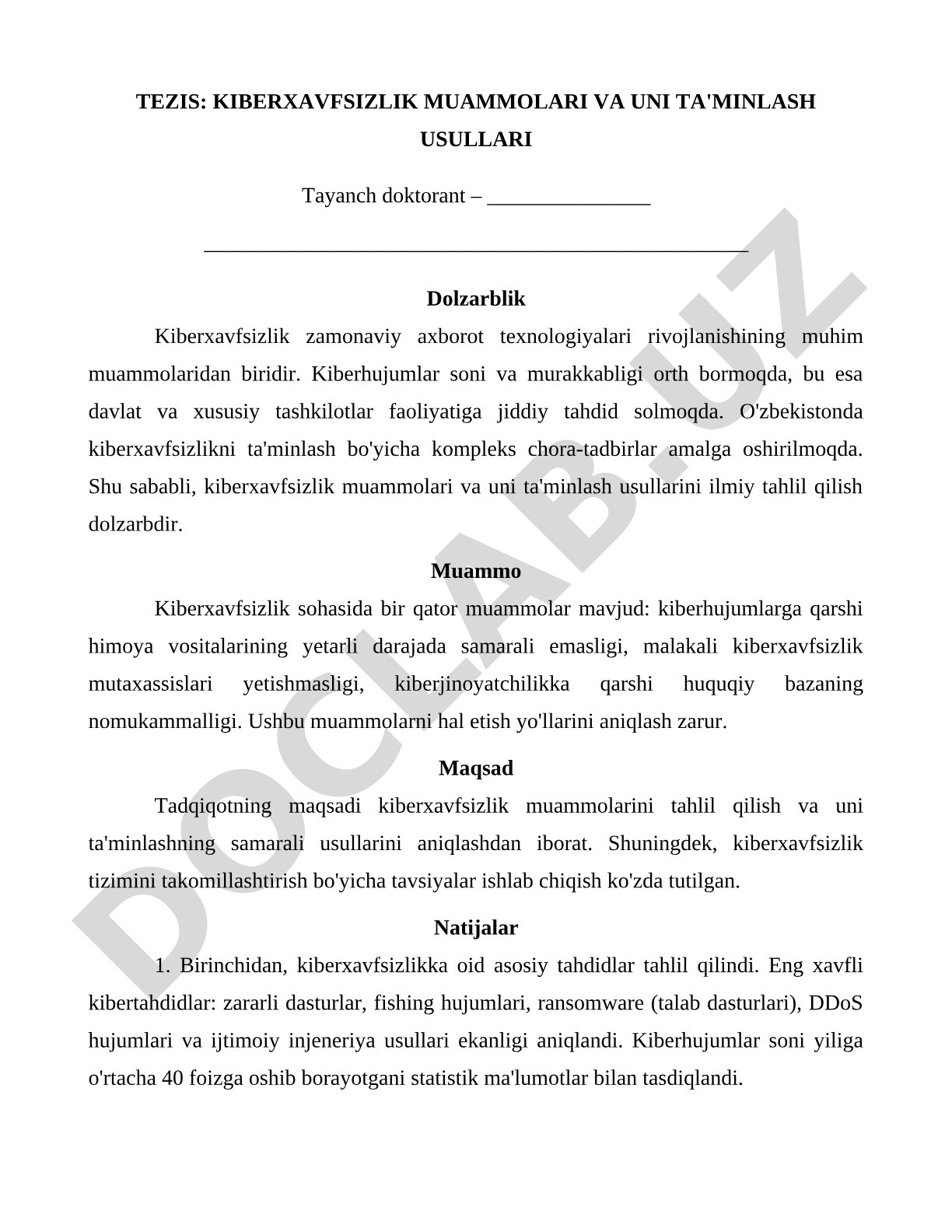 Kiberxavfsizlik muammolari va uni ta'minlash usullari