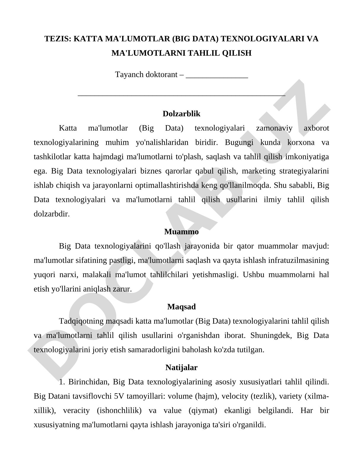 KATTA MA'LUMOTLAR (BIG DATA) TEXNOLOGIYALARI VA MA'LUMOTLARNI TAHLIL QILISH