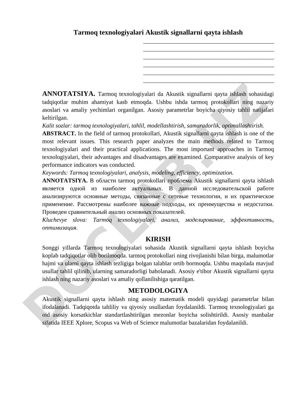 Tarmoq texnologiyalari akustik signallarni qayta ishlash
