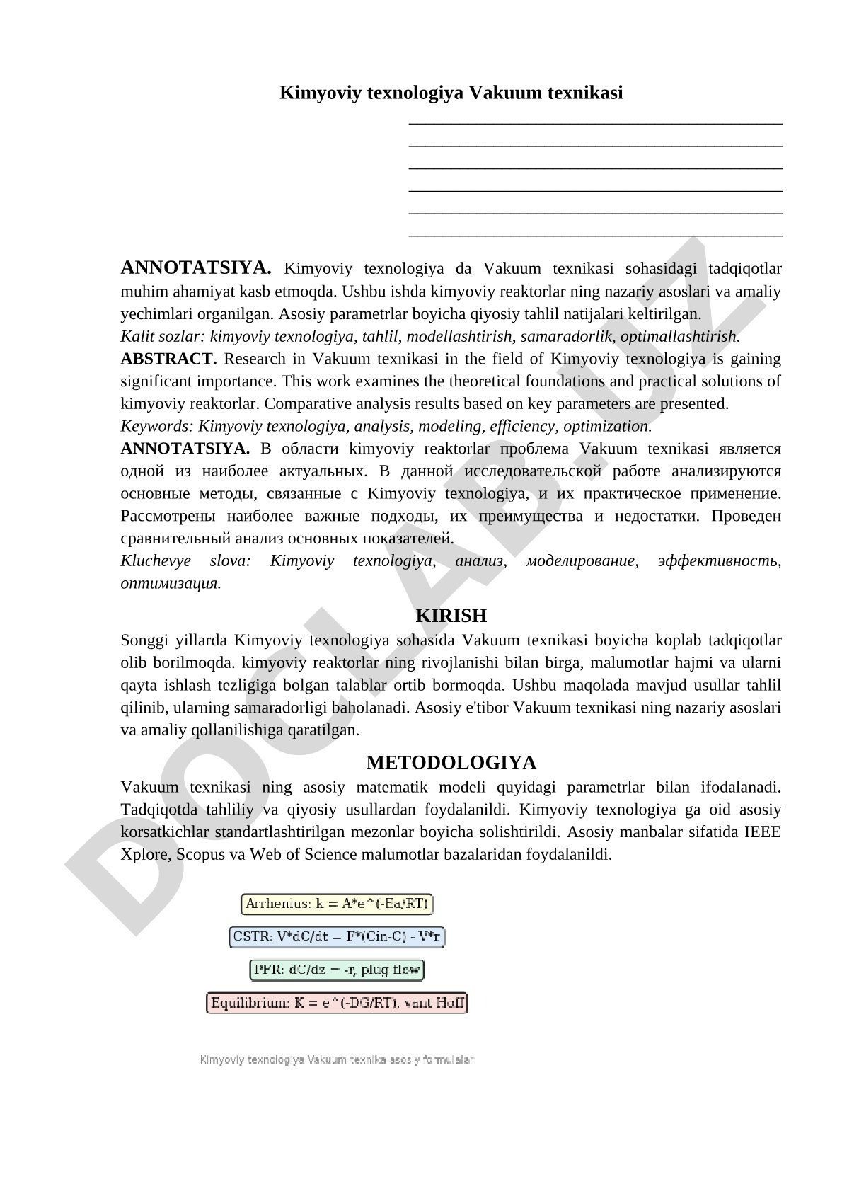 Kimyoviy texnologiyada vakuum texnikasi tadqiqoti