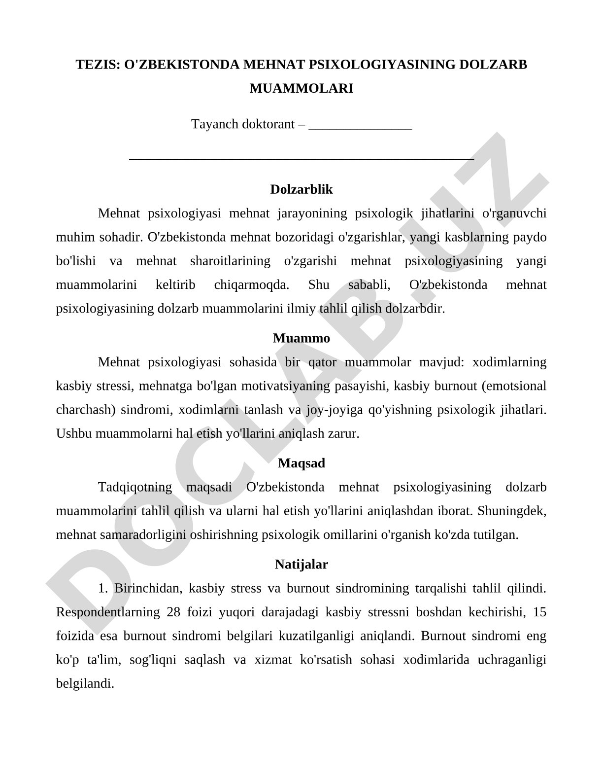 O'zbekistonda mehnat psixologiyasining dolzarb muammolari