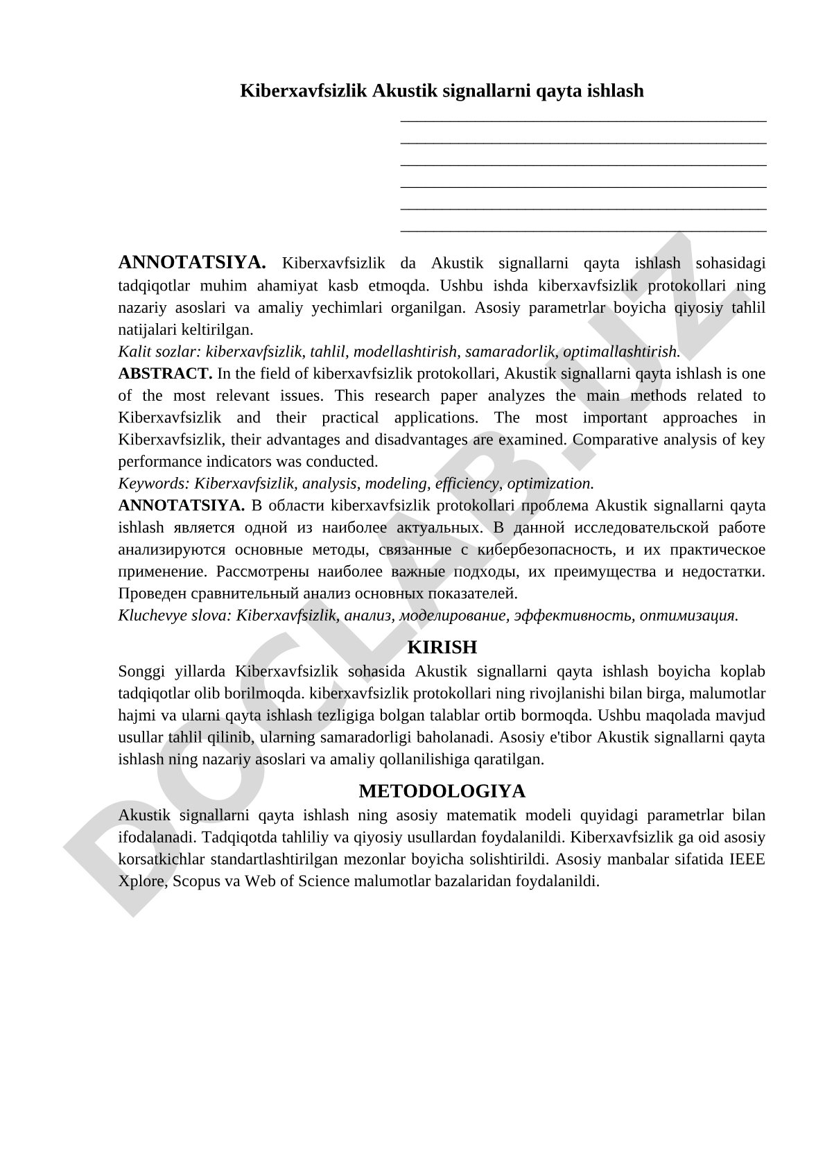 Kiberxavfsizlikda akustik signallarni qayta ishlash