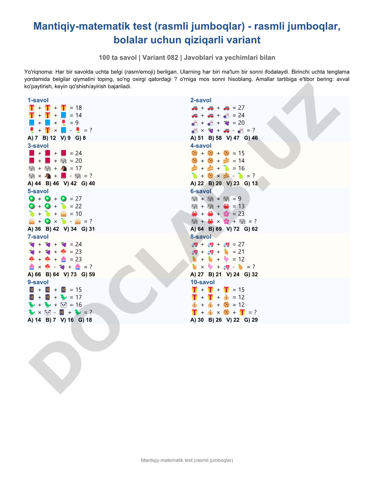 Mantiqiy-matematik test (rasmli jumboqlar)