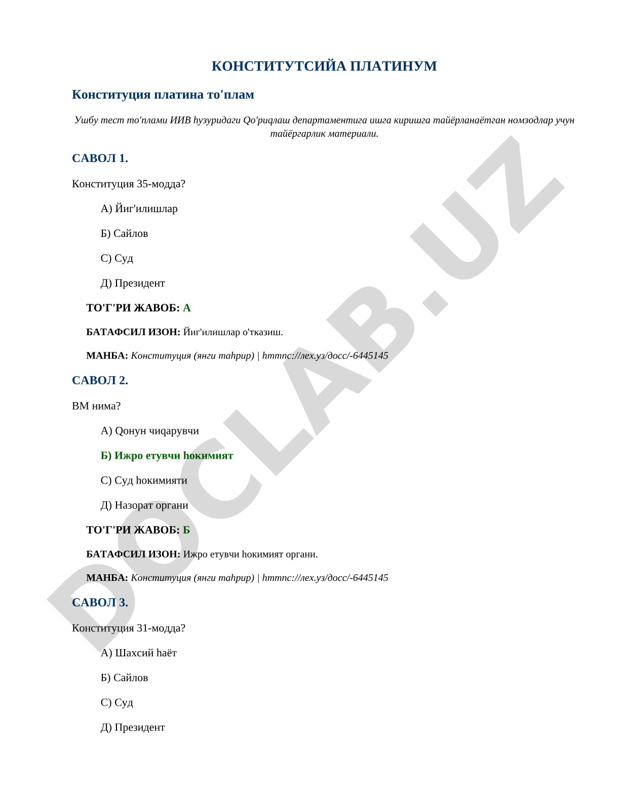 Konstitutsiya platinum testlar to'plami