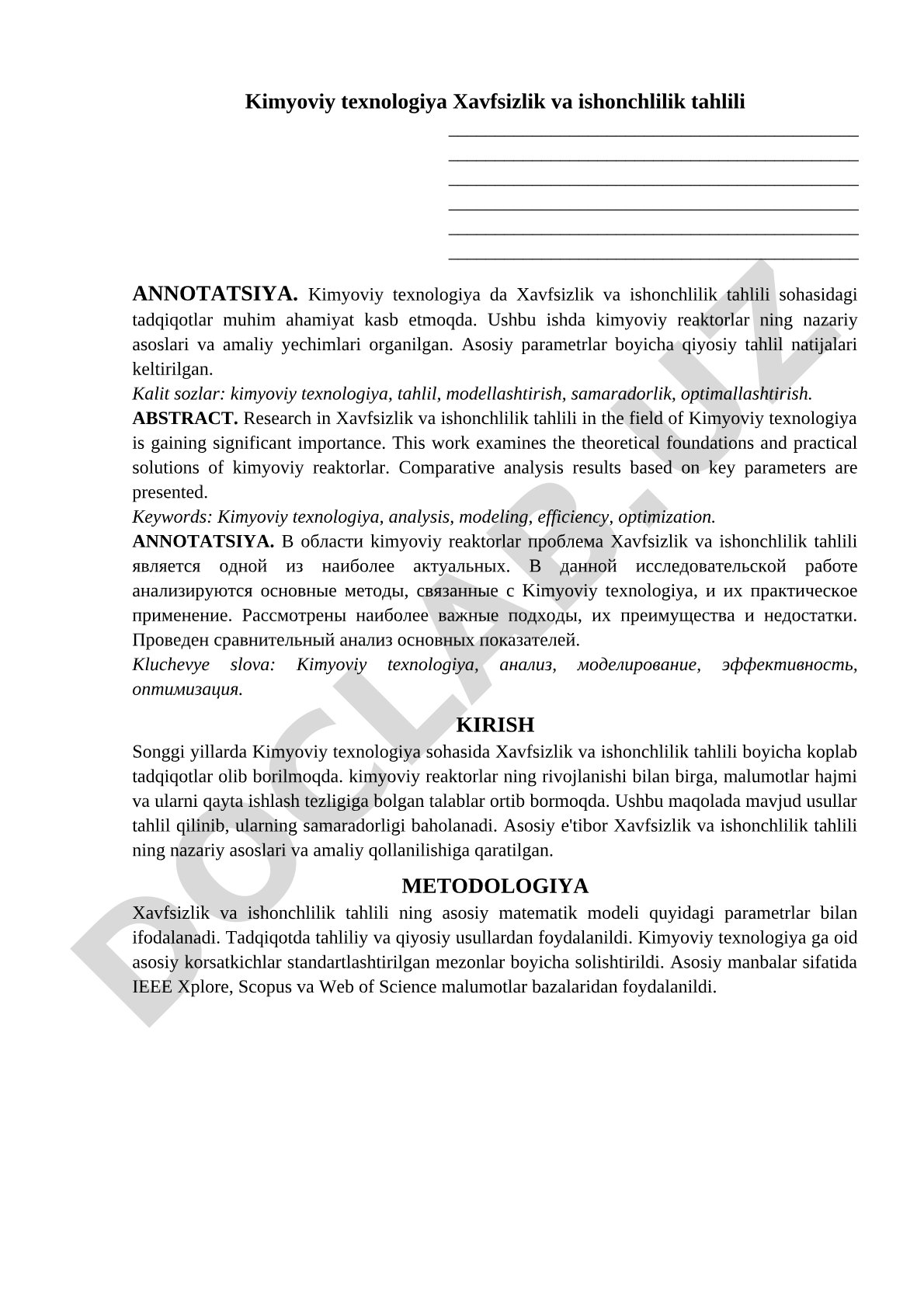 Kimyoviy texnologiya Xavfsizlik va ishonchlilik tahlili