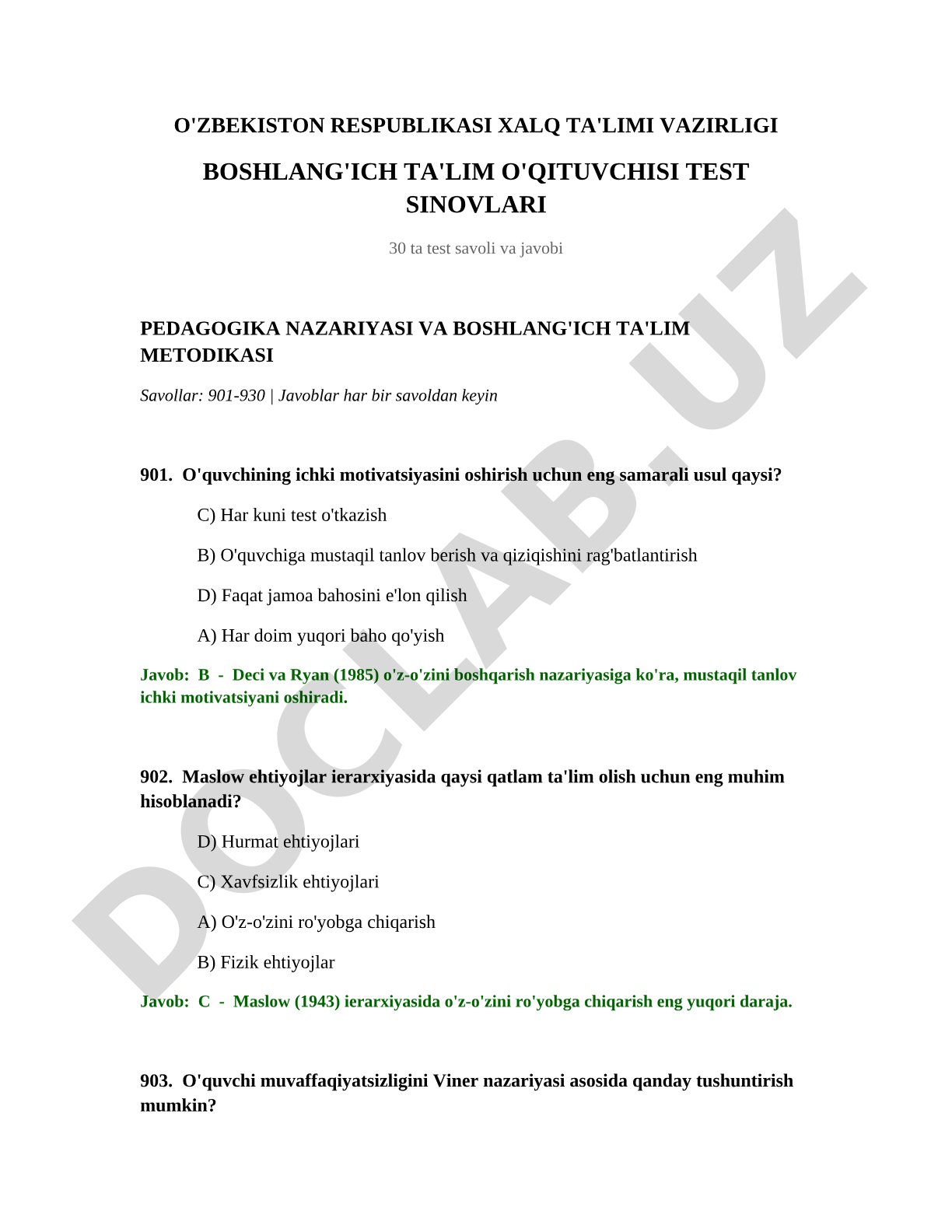 Boshlang'ich ta'lim o'qituvchisi test sinovlari (30 ta savol va javob)