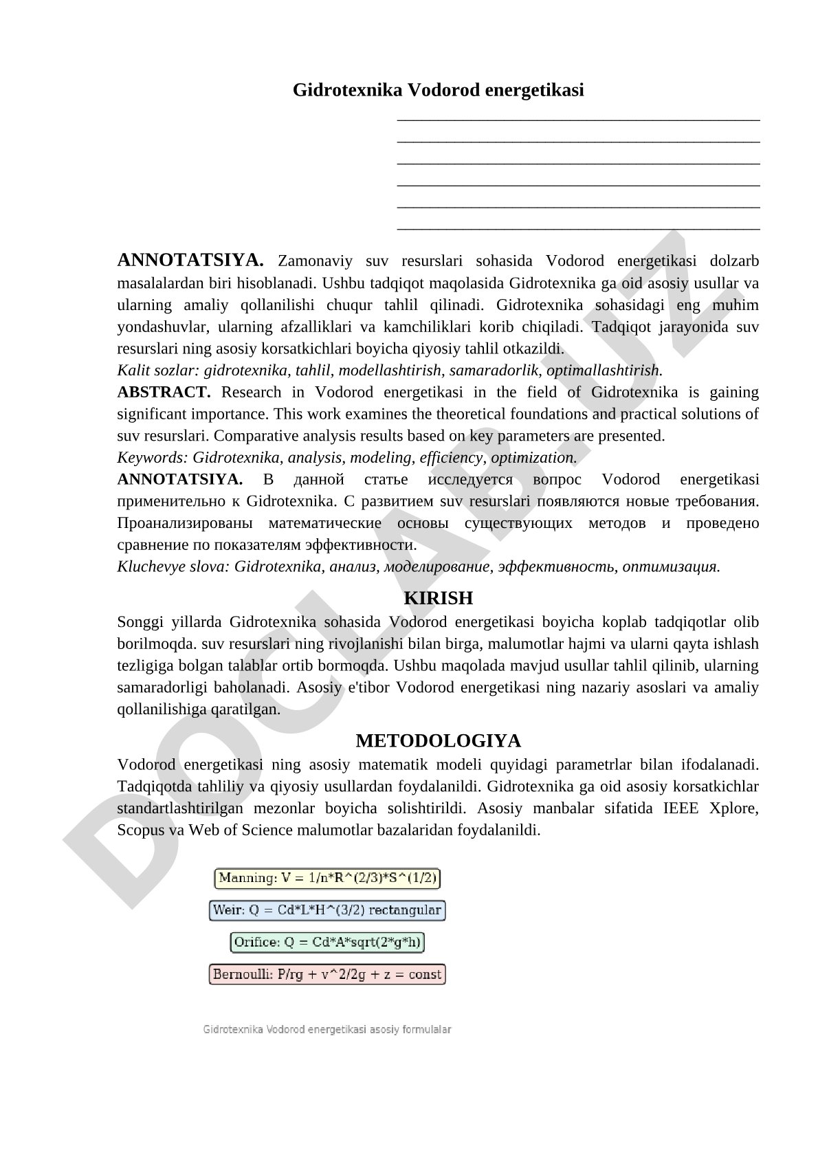 Gidrotexnika Vodorod energetikasi