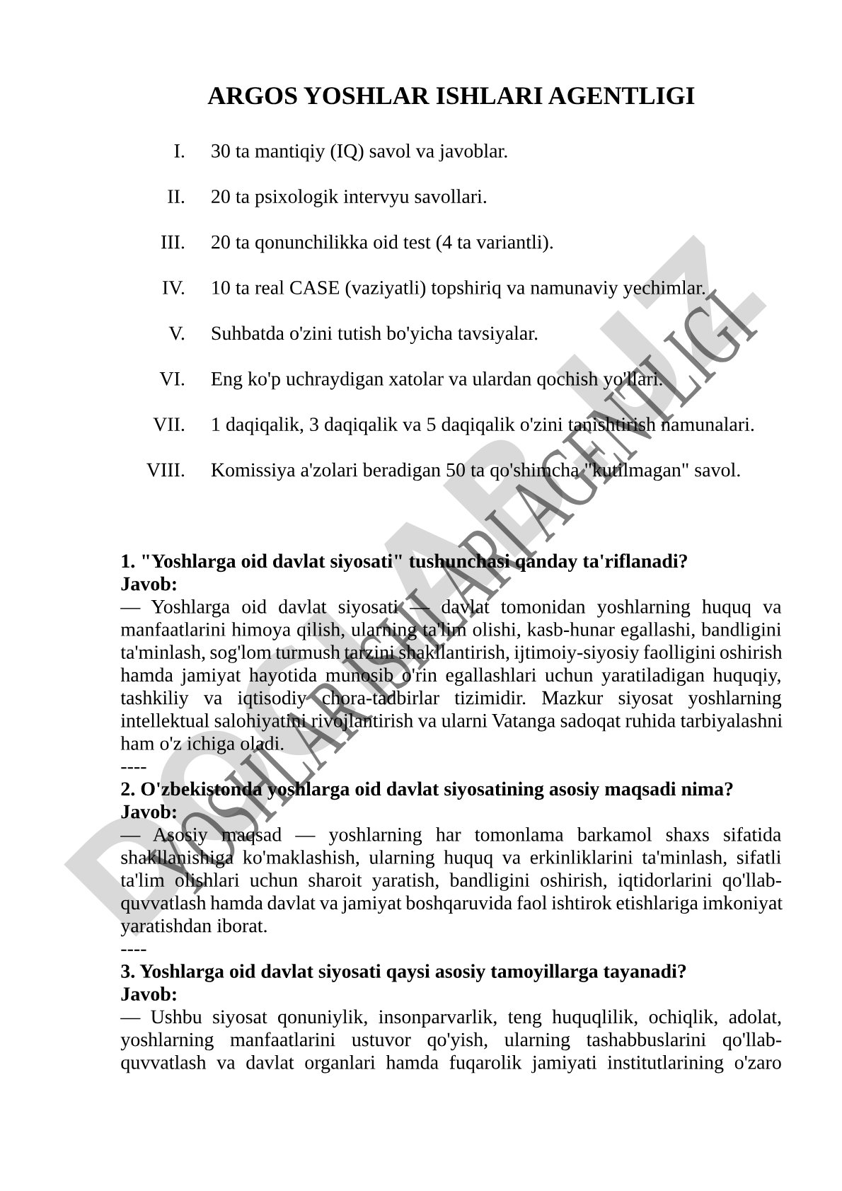Yoshlar ishlari agentligi suhbatga tayyorgarlik materiallari