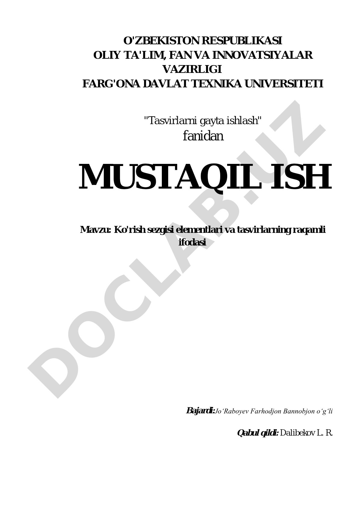 Ko'rish sezgisi elementlari va tasvirlarning raqamli ifodasi